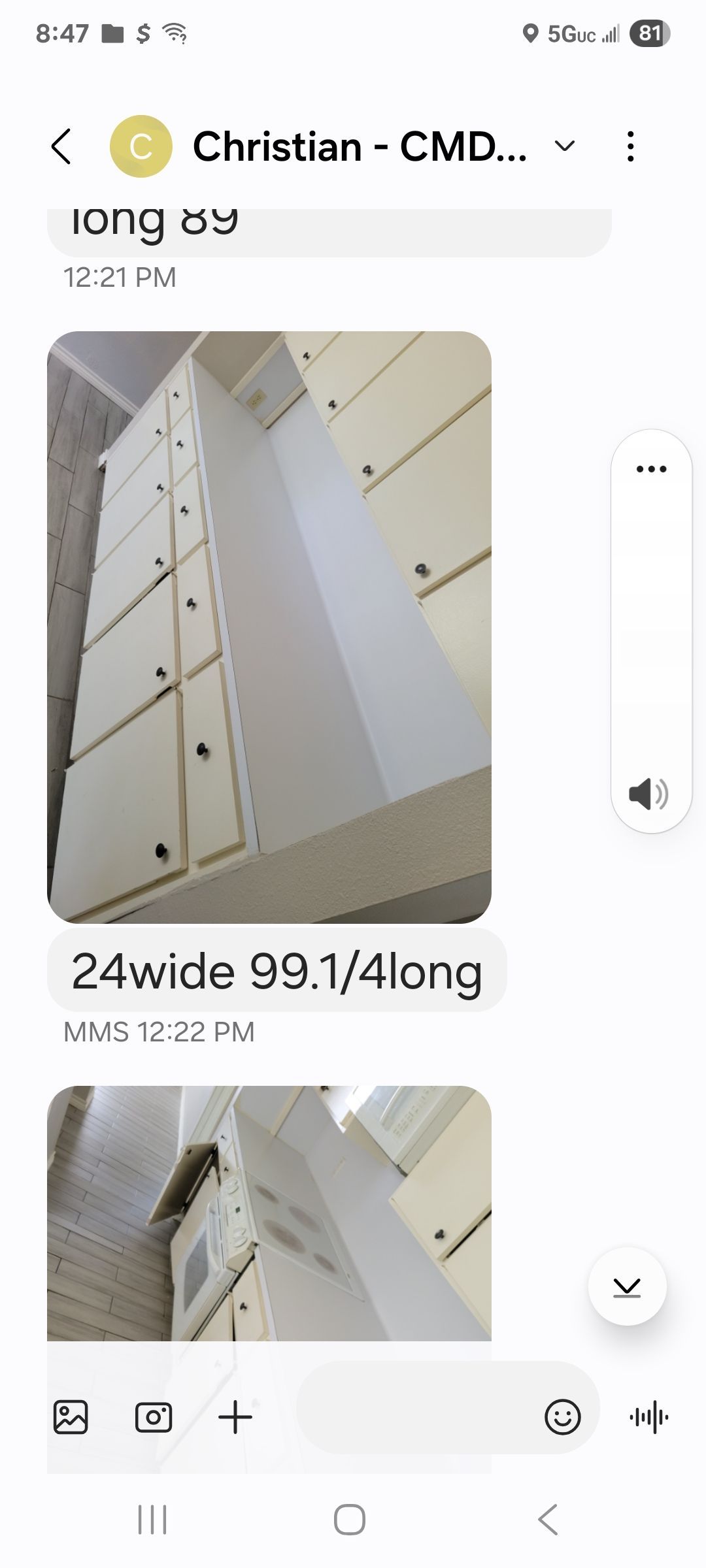 A mobile phone screen shows a message from Christian with an image of white cabinets and the dimensions 24 wide 99 1/4 long.