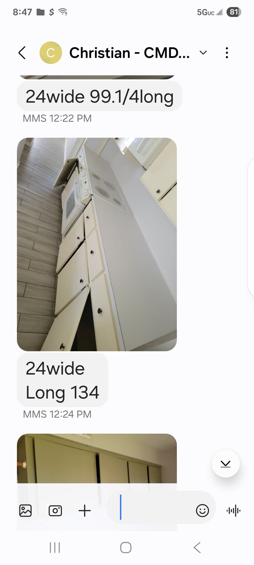 Screenshot of a chat with text about dimensions and photos of white cabinetry.