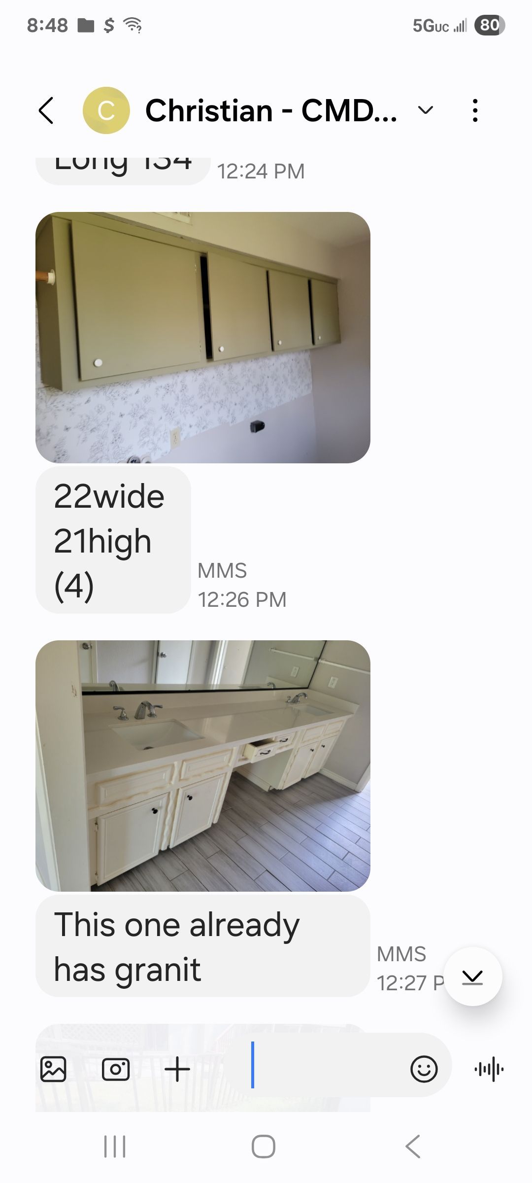 Screenshot of a chat: photos of a countertop and a wall fixture, with text describing dimensions and that one has granite.