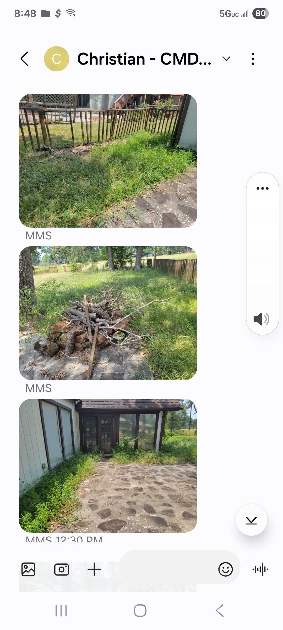 Screenshots of a message thread show pictures of overgrown lawns and a small building with a covered walkway.