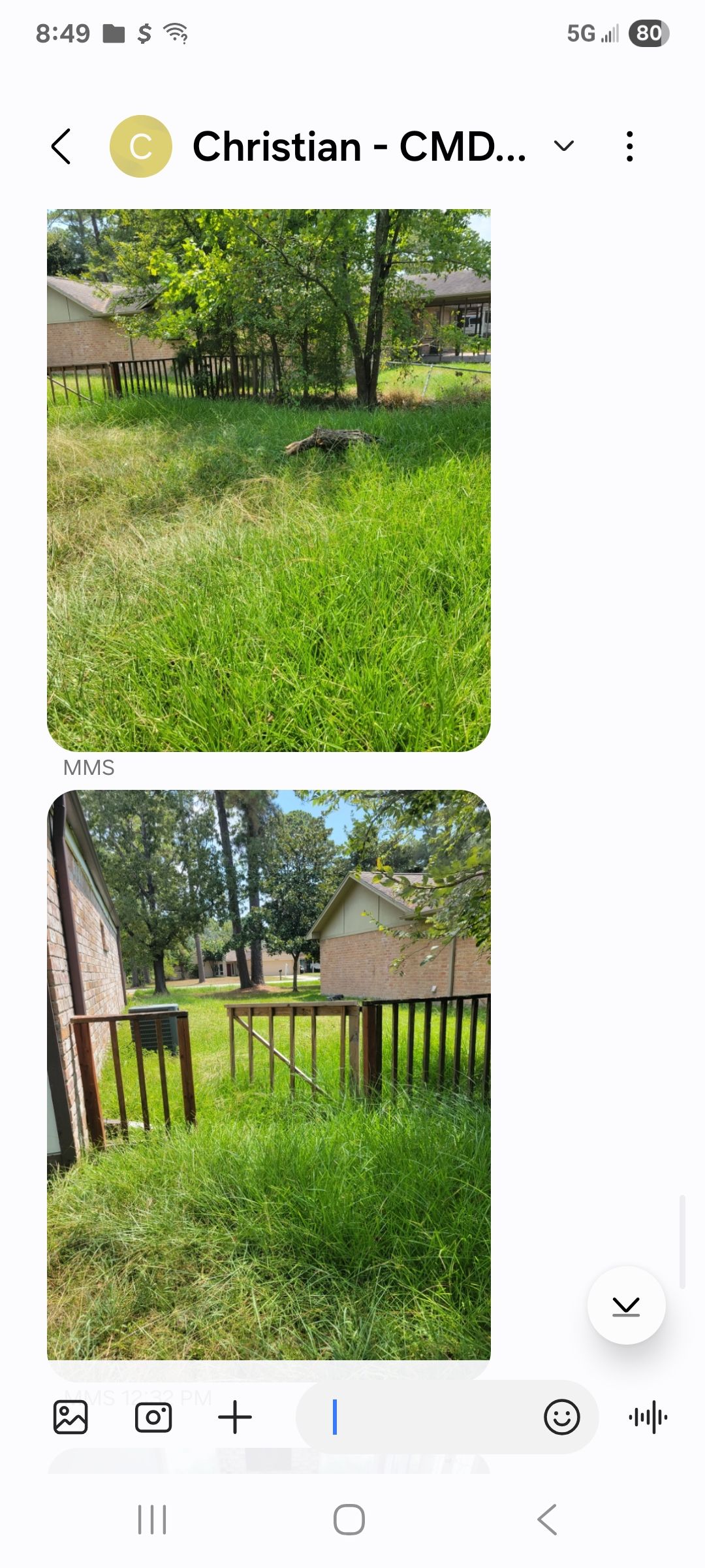 Two photos of a grassy yard. One with a house in the background, another with a wooden deck and the grass.