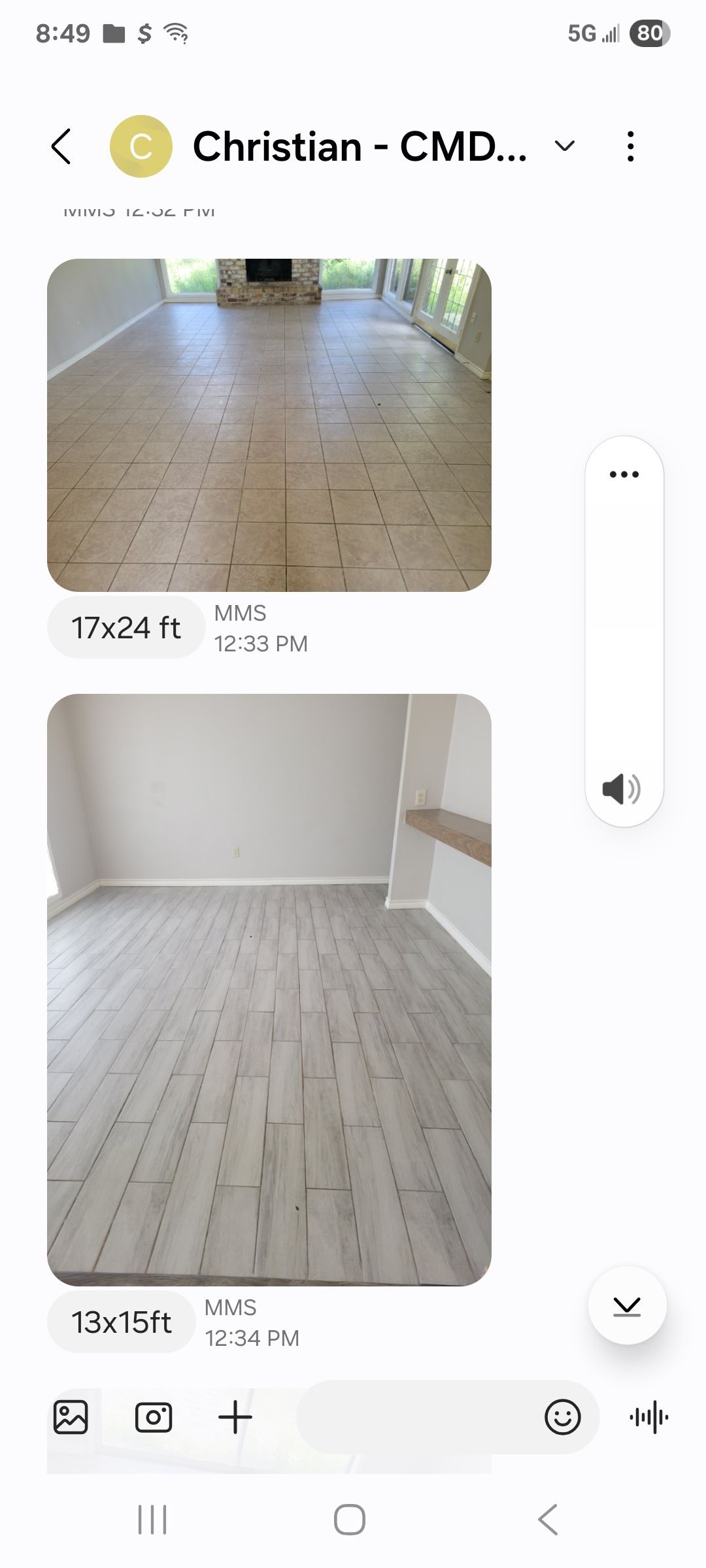 Two photos of flooring samples. Top shows worn brown floor; bottom shows light gray floor.