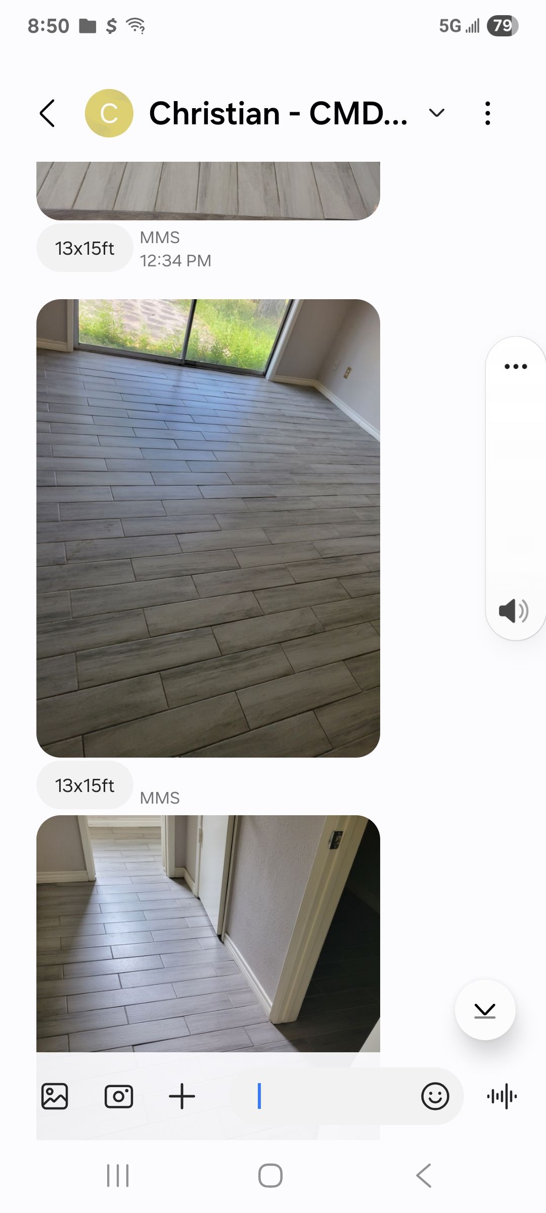 Photos of a room with light gray flooring and a hallway with similar flooring.