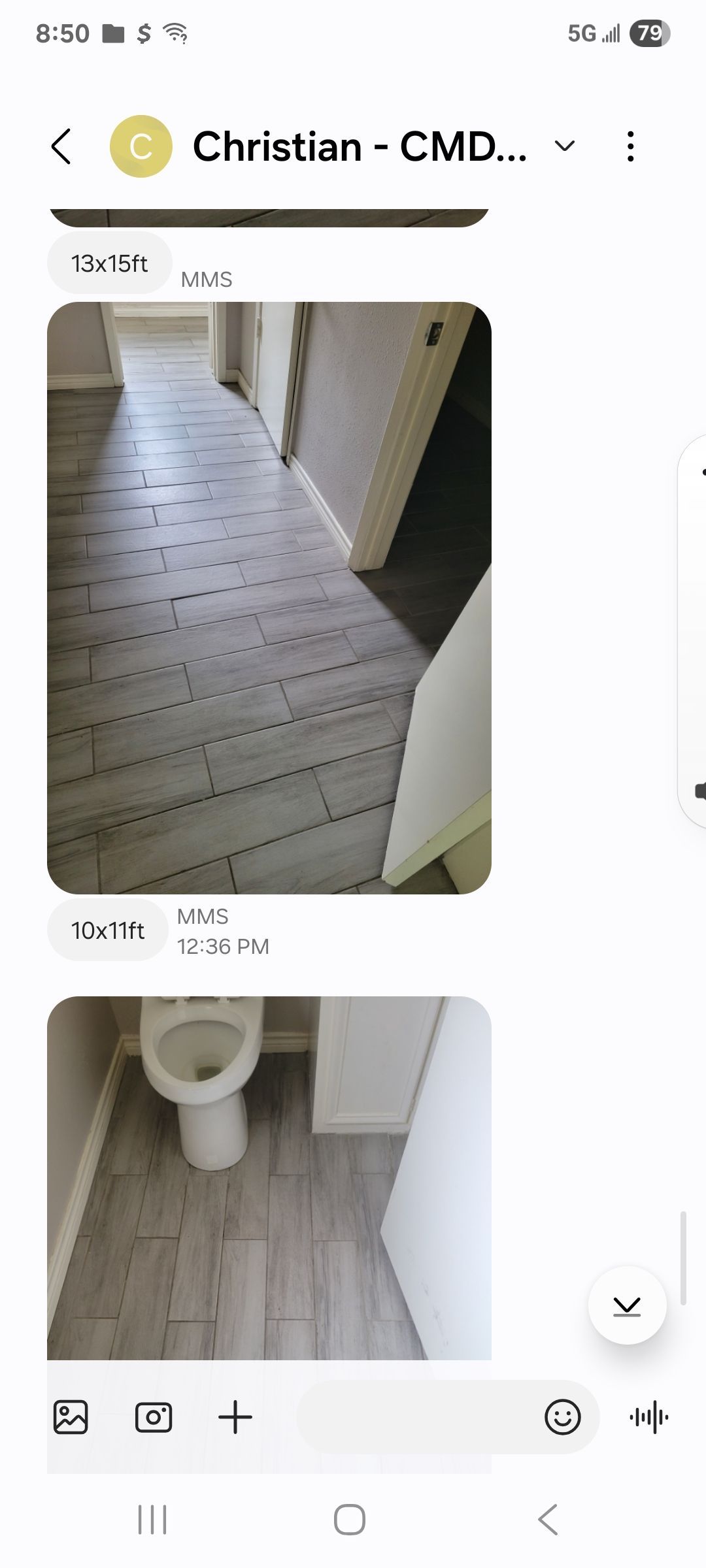 Two photos showing gray flooring in a hallway and a bathroom with a toilet.