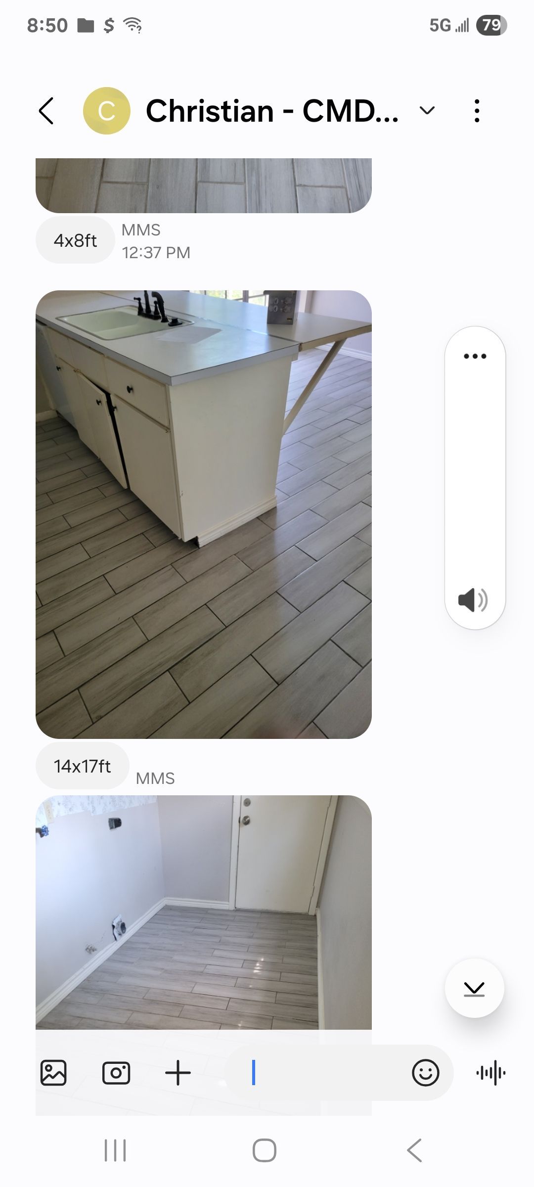 Screenshots of interior spaces with flooring, kitchen island, and doors.