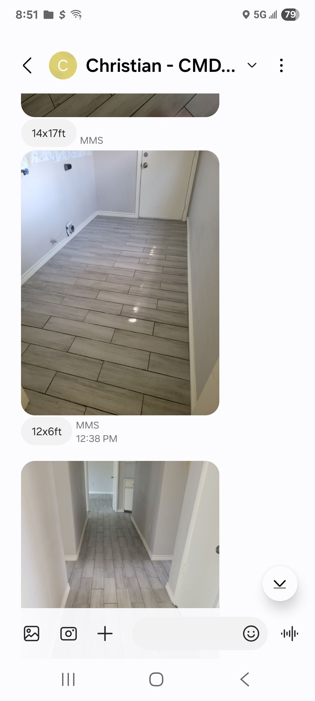 Two photos of rooms with gray floors and white walls.