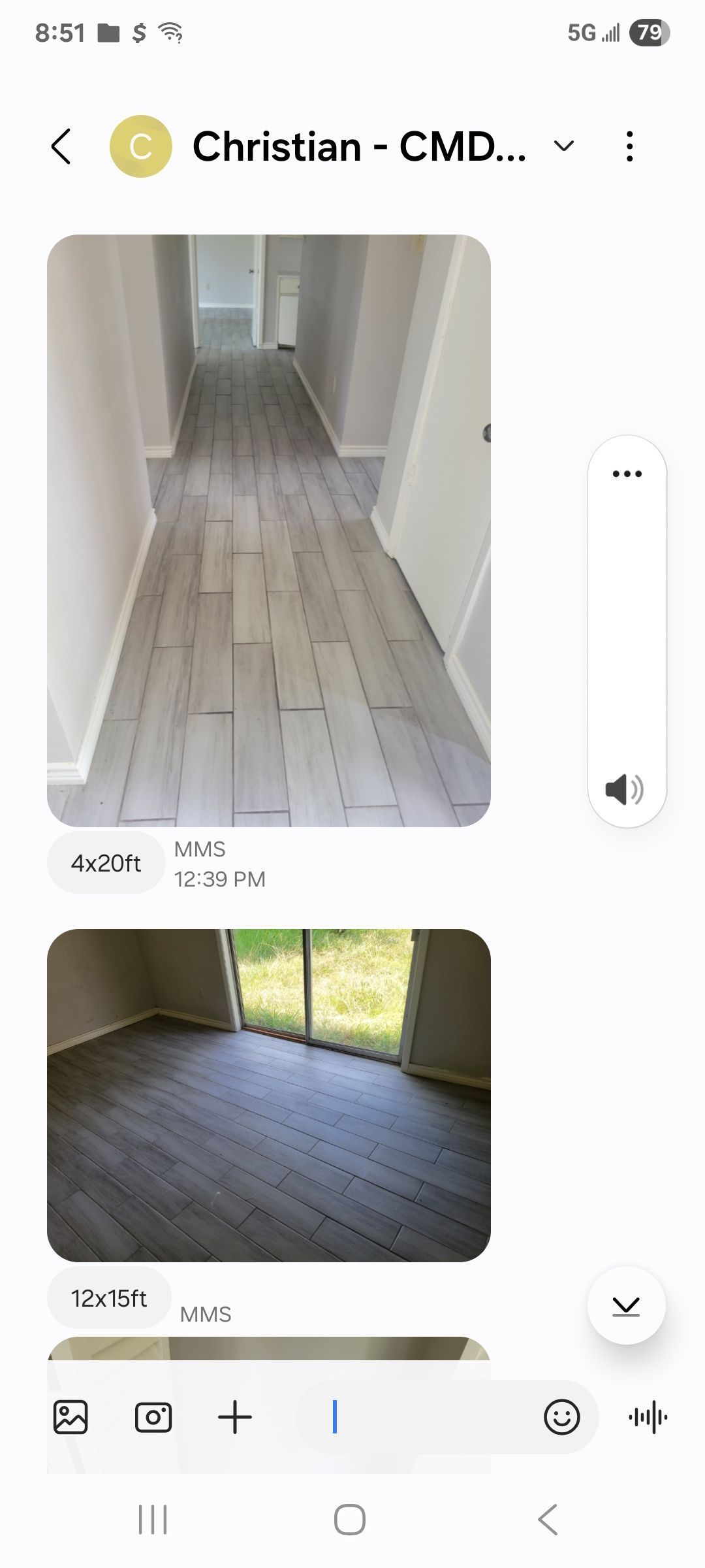 Two photos of interior flooring. One shows a hallway, the other shows a room with a window. Both show a gray floor.