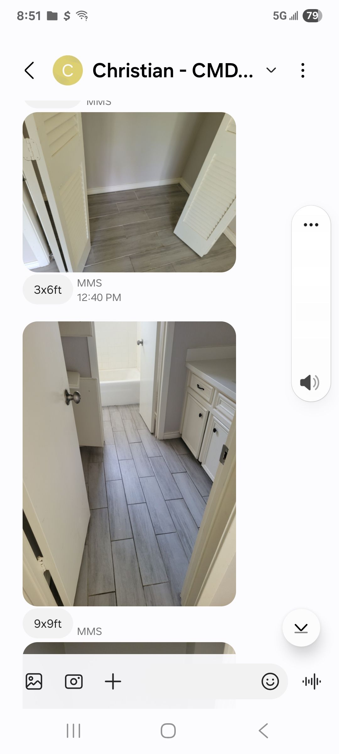 Two photos of a room with light wood-look flooring. The first shows an alcove, the second a hallway.