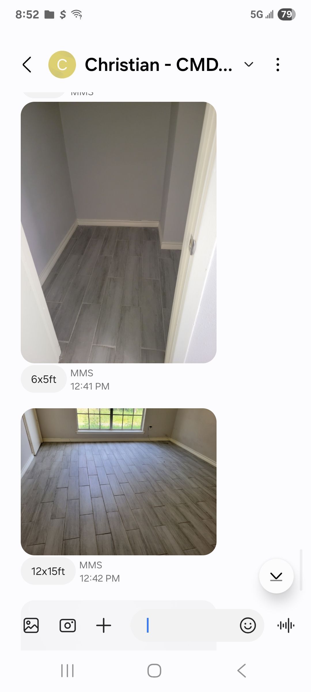Two photos of rooms with gray floors and walls. The top photo is a narrow closet. The bottom photo is a larger room.