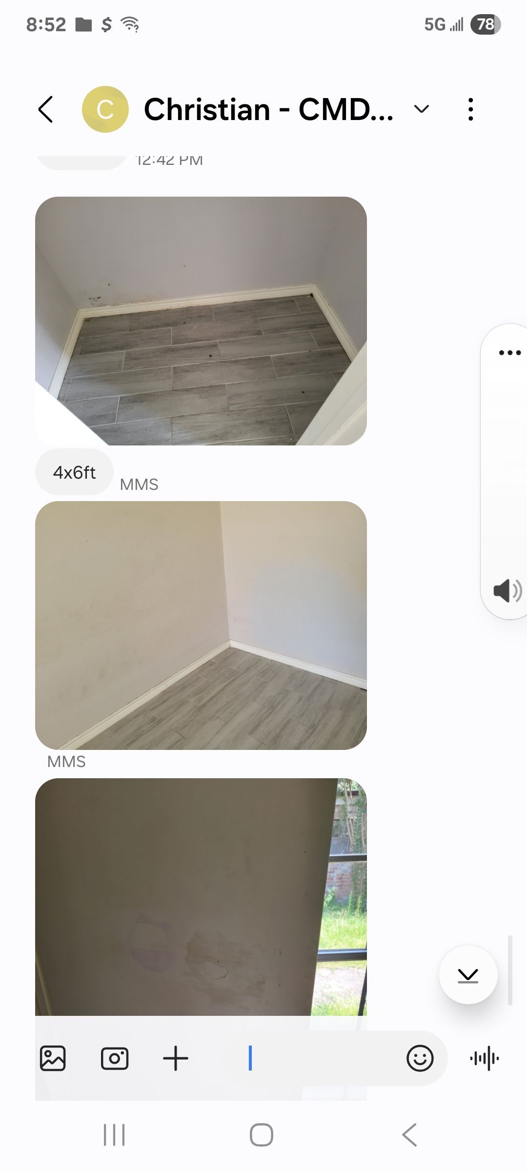 Three photos of a room with gray flooring and white walls. One shows a corner, one shows an entire room.