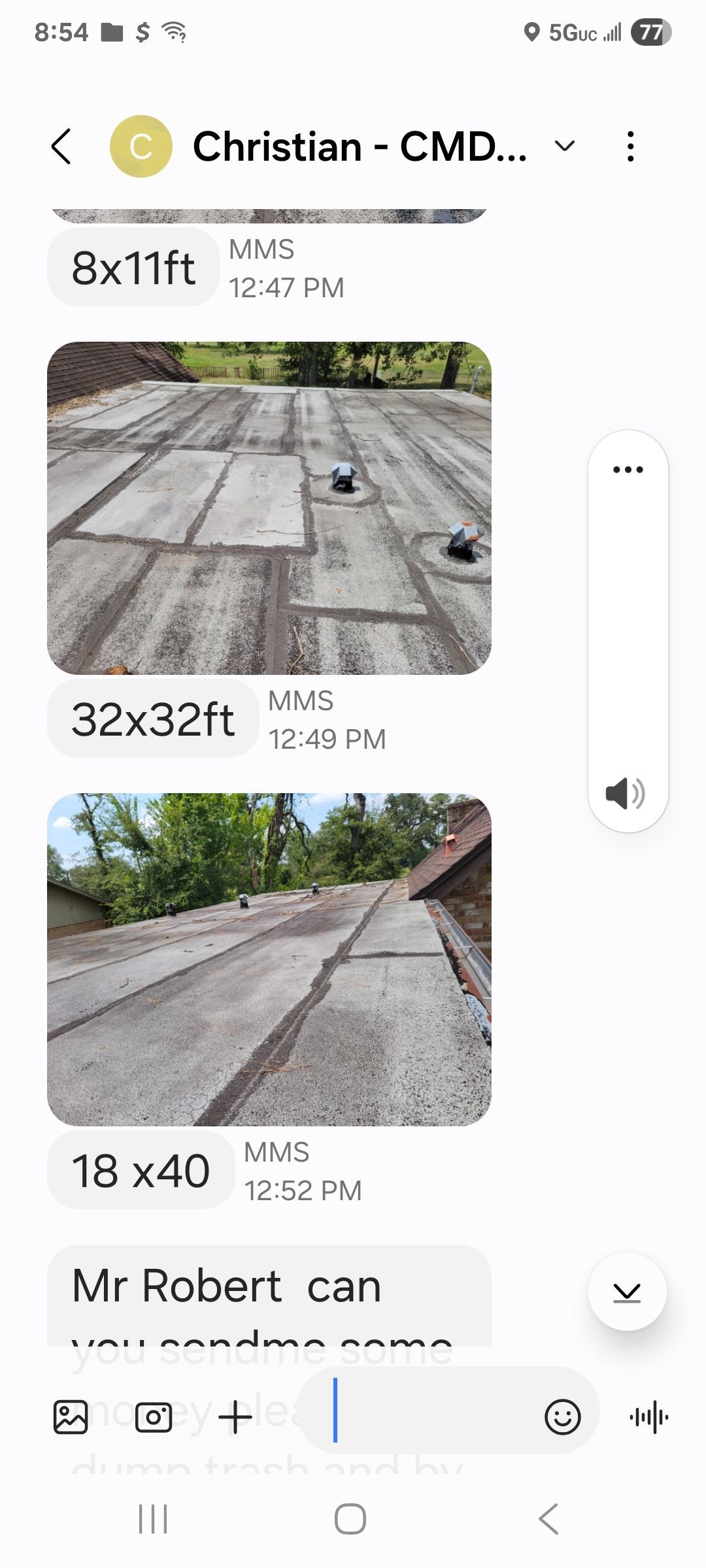 Screenshot of a chat with photos of concrete slabs and a message from “Christian.”