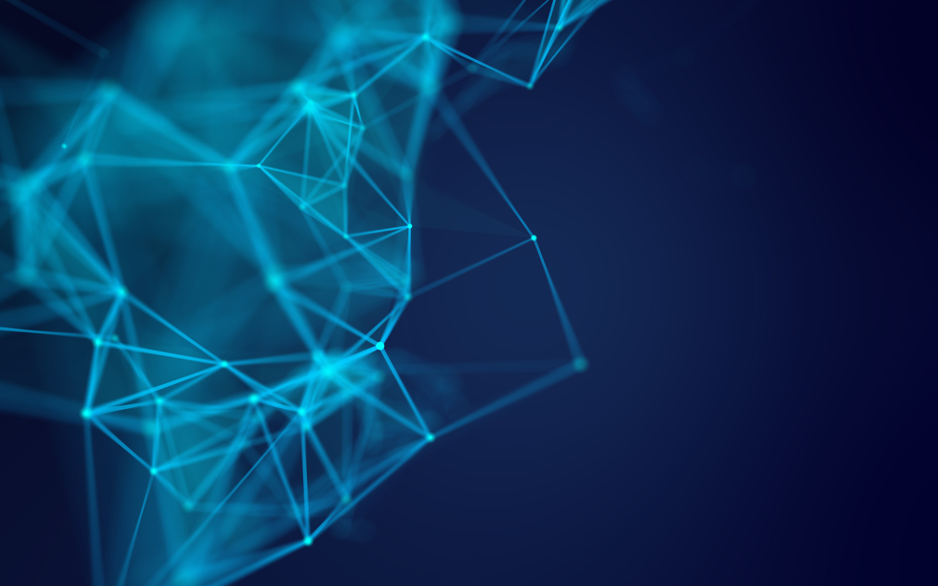 Blue abstract network of connected points on dark blue background.