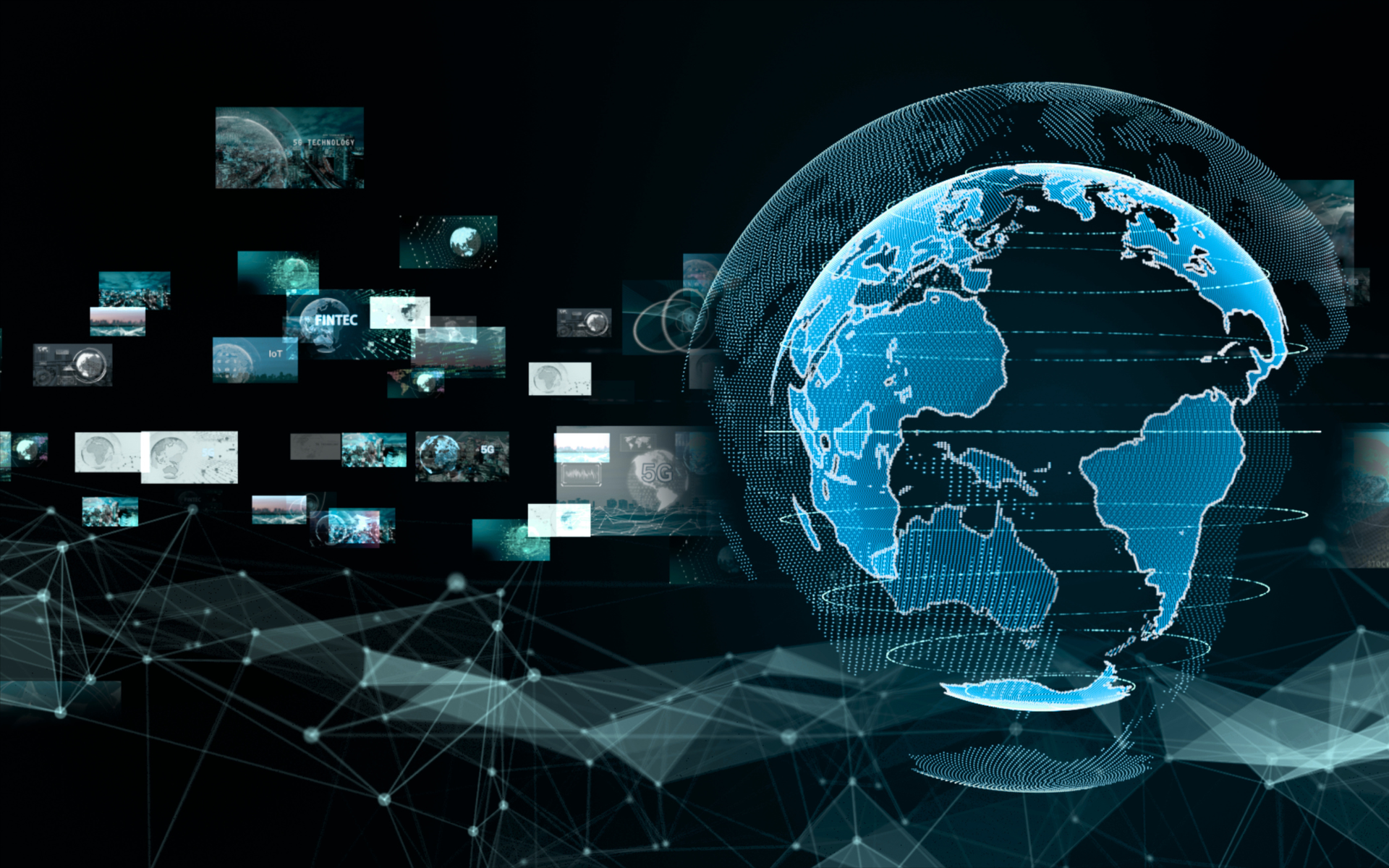 A digital blue globe surrounded by floating data panels and a network of connected nodes on a black background.