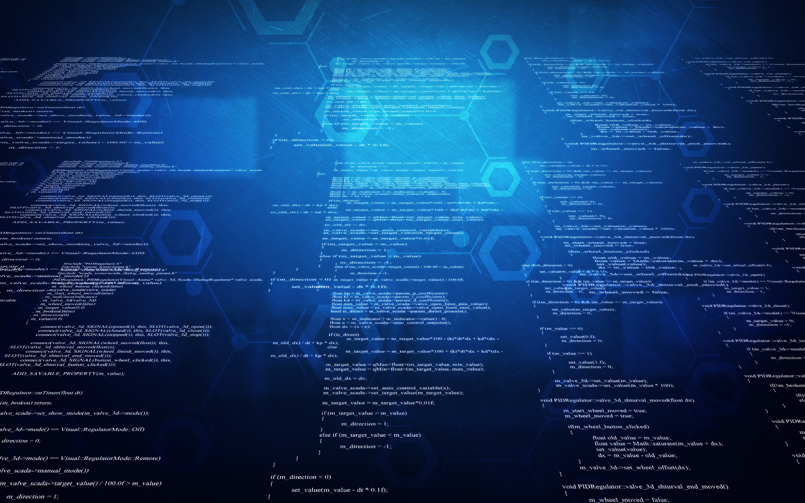 A blue background with a lot of lines and hexagons