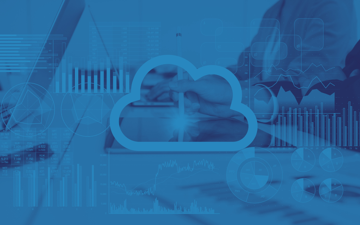 A blue background with a cloud icon and a person using a laptop.
