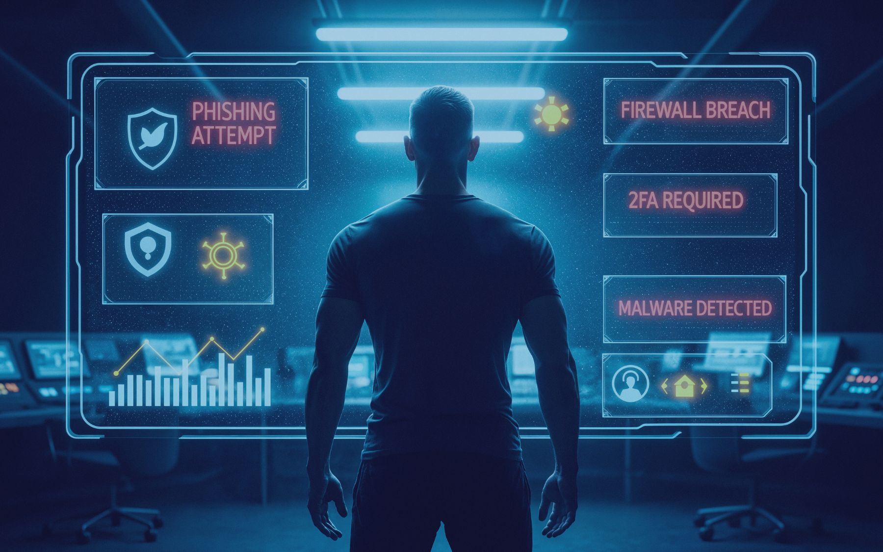 A man is standing in front of a computer screen.