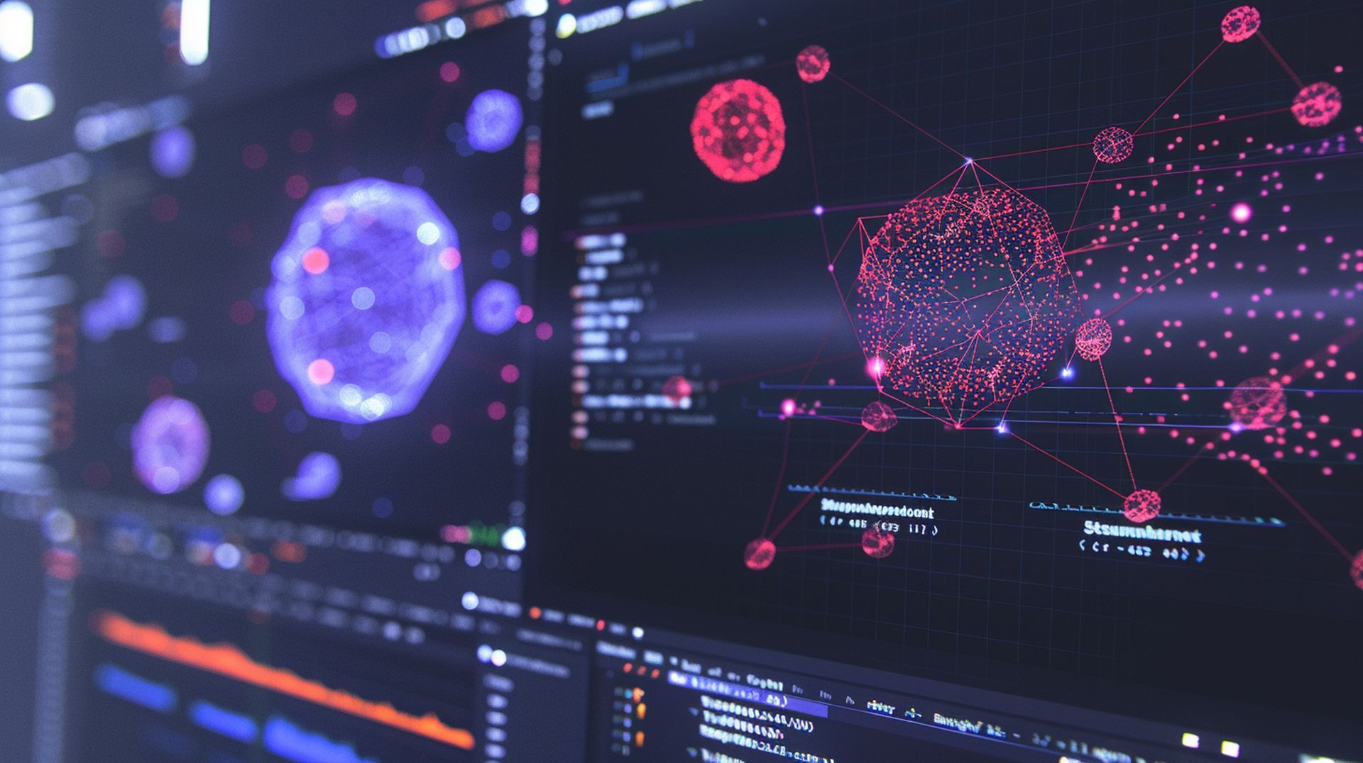 A digital display with a blue interface. A grid-like pattern is on the right, while data charts and icons are visible on the left.