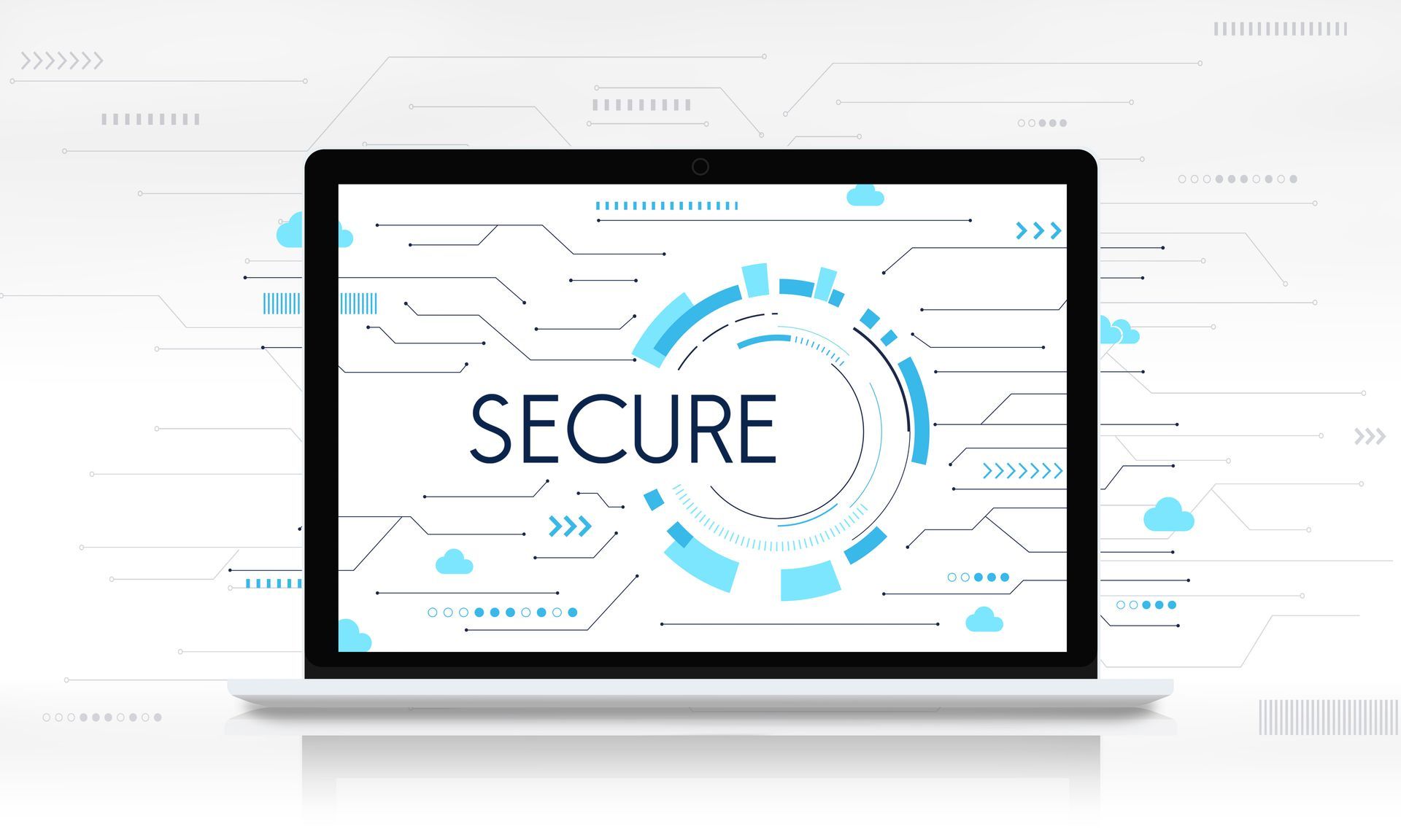 Laptop displaying a dashboard with red and green indicators, beside a red and gray shield icon with a checkmark.