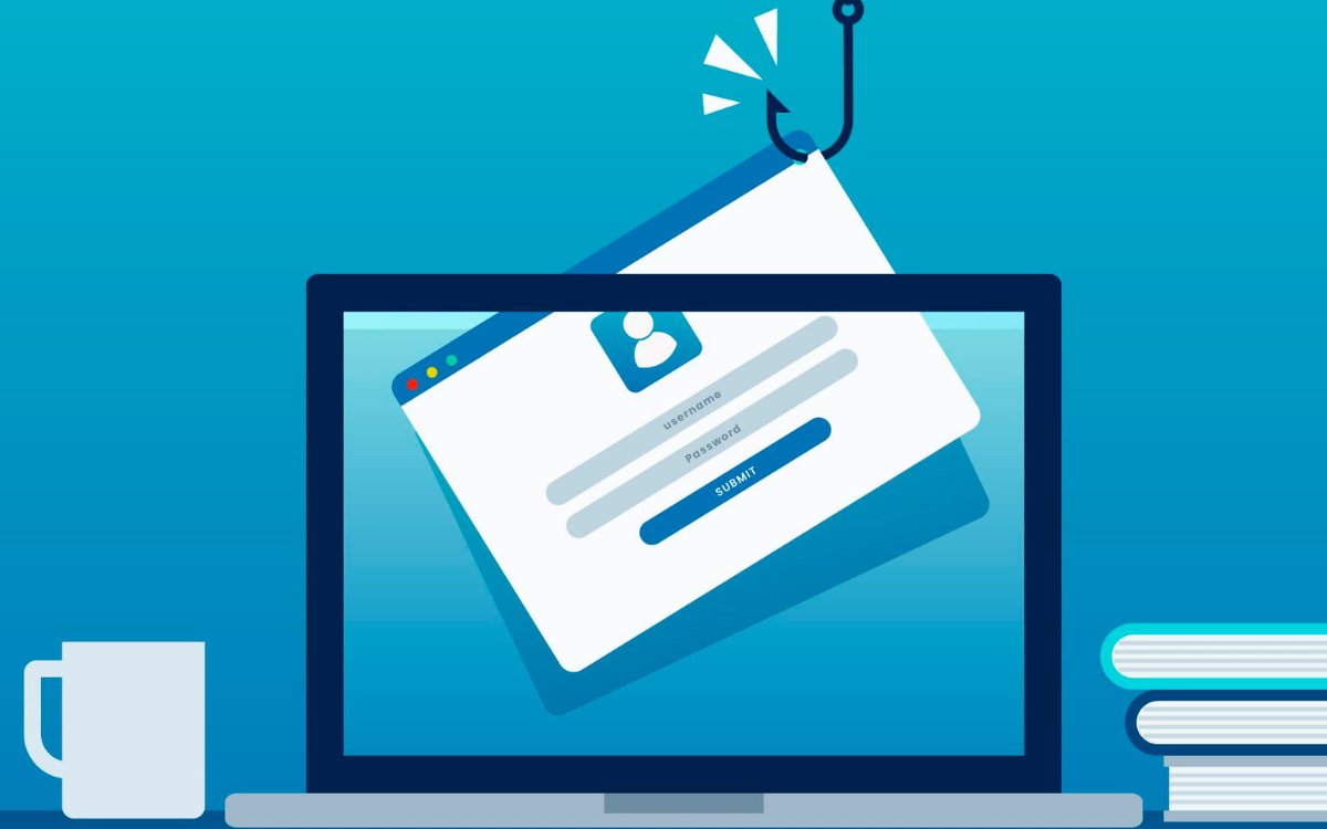 A laptop computer with a login page coming out of it and a hook.