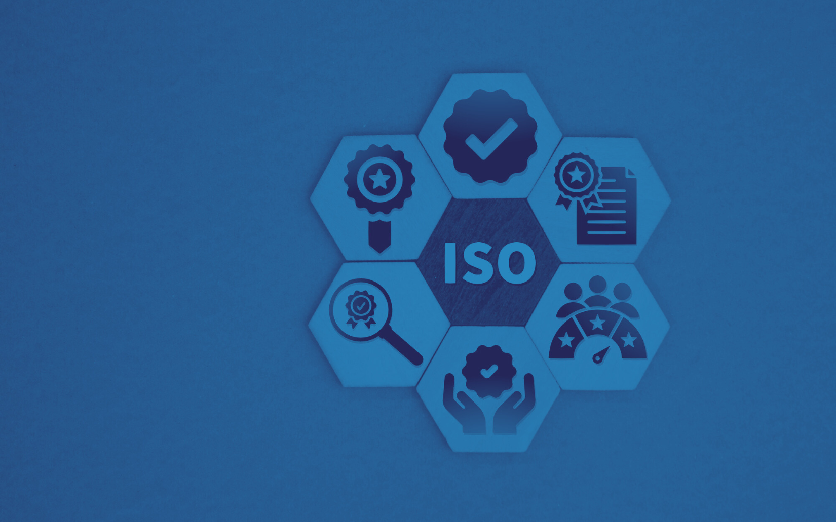 The word iso is surrounded by various icons on a blue background.