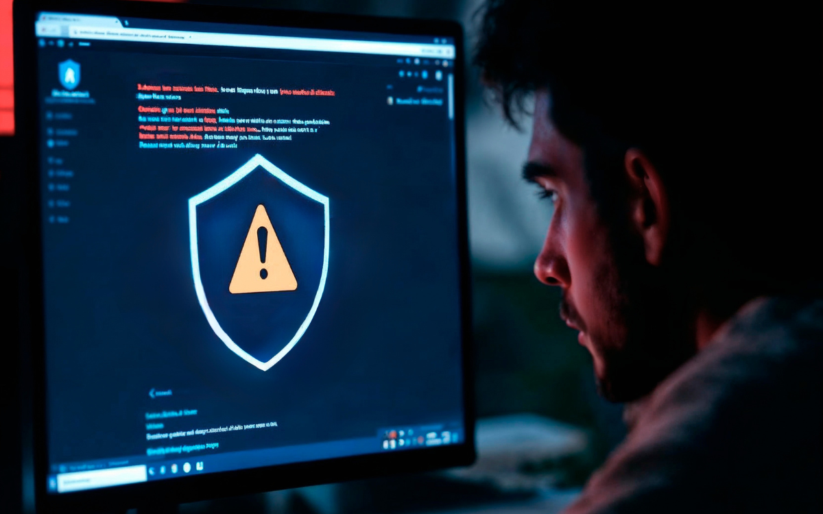 A man is looking at a computer screen with a warning sign on it.