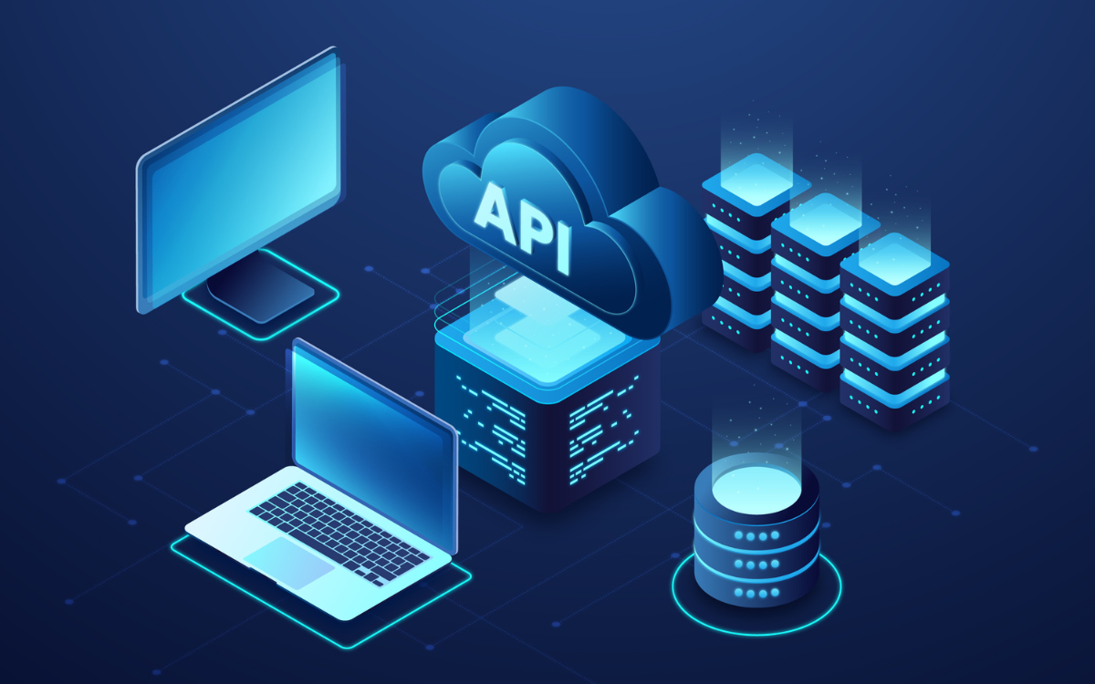 An isometric illustration of a computer , laptop , monitor and servers.