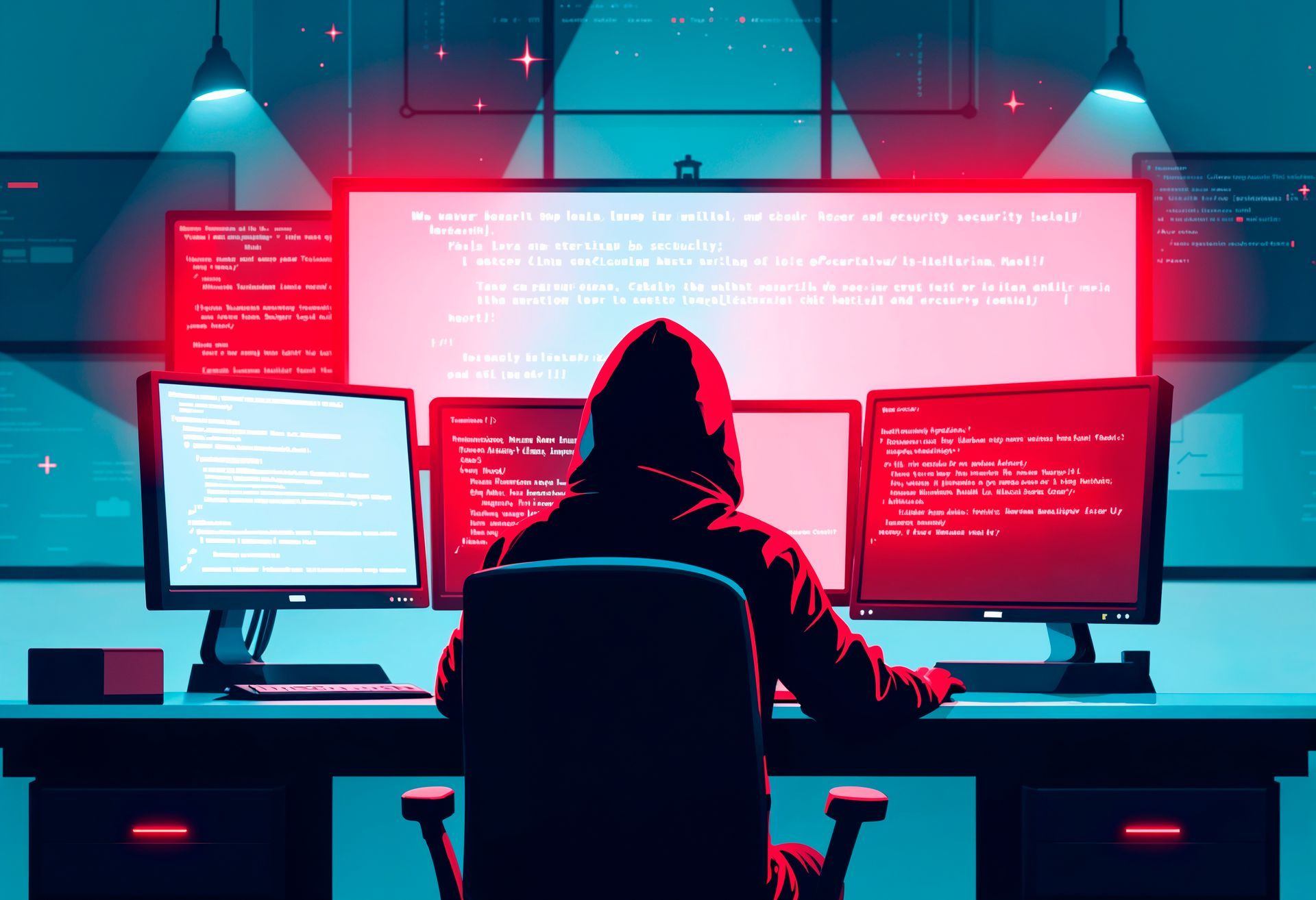 A man in a hood is sitting at a desk in front of three computer monitors.