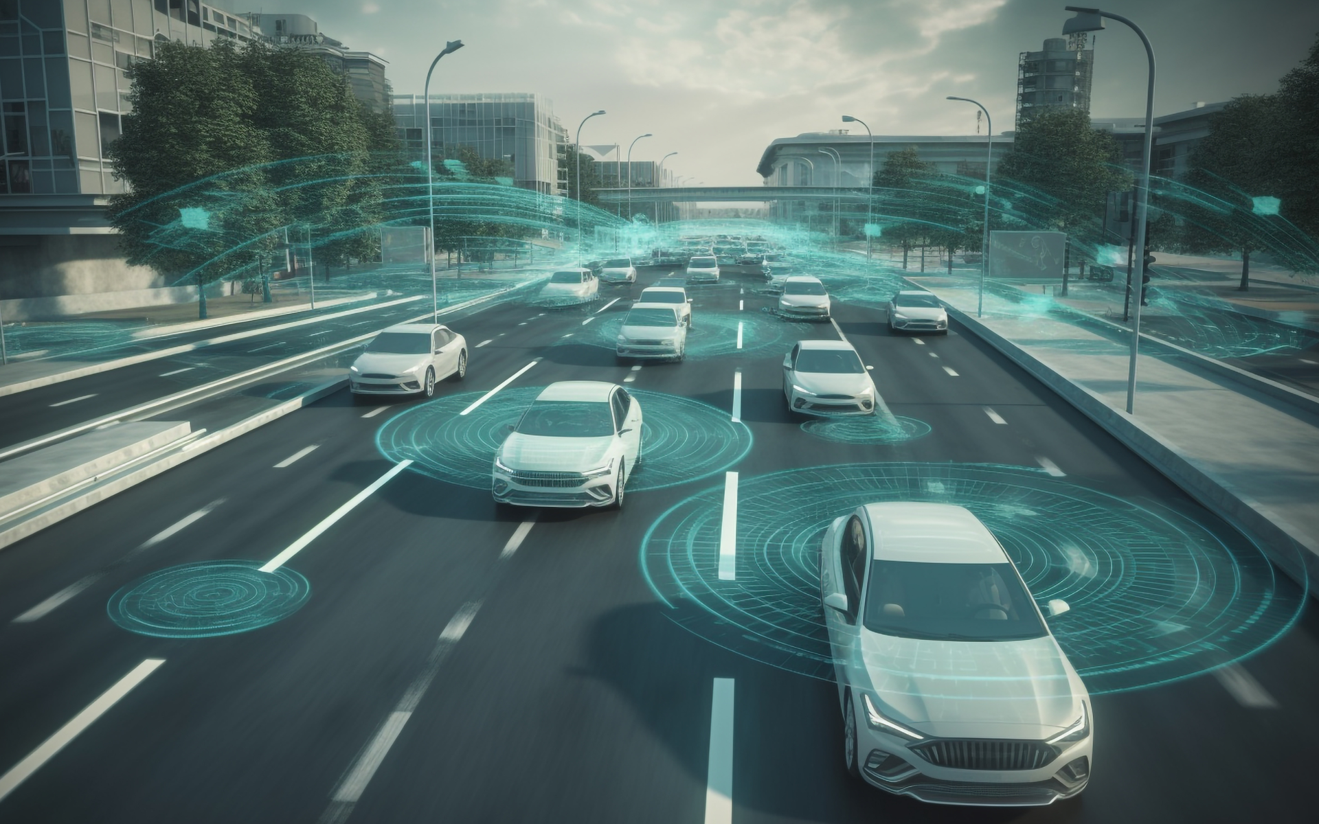 Cars driving on a multi-lane highway, with digital sensor overlays. Urban setting.