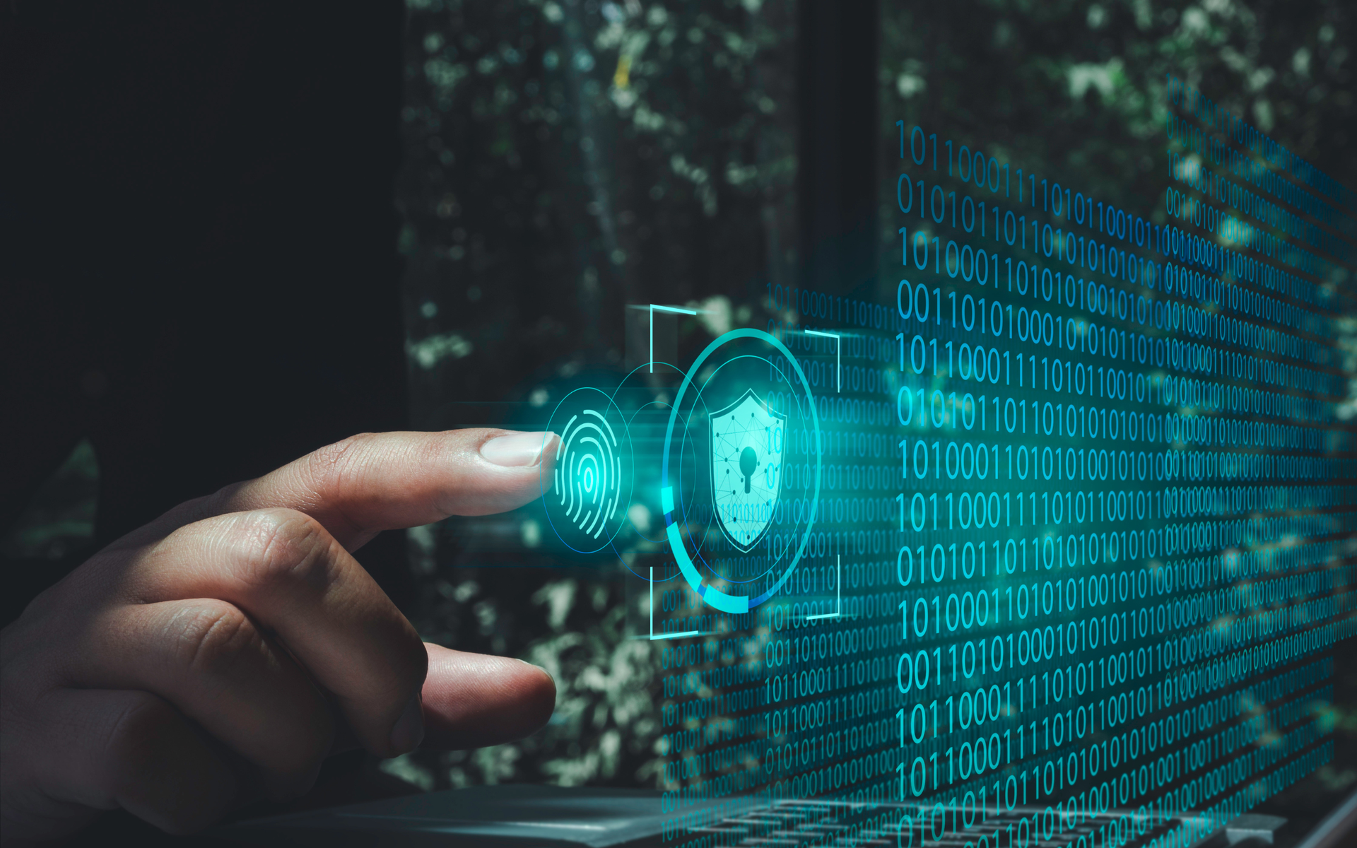Hand touching a glowing security shield interface with a binary code background.