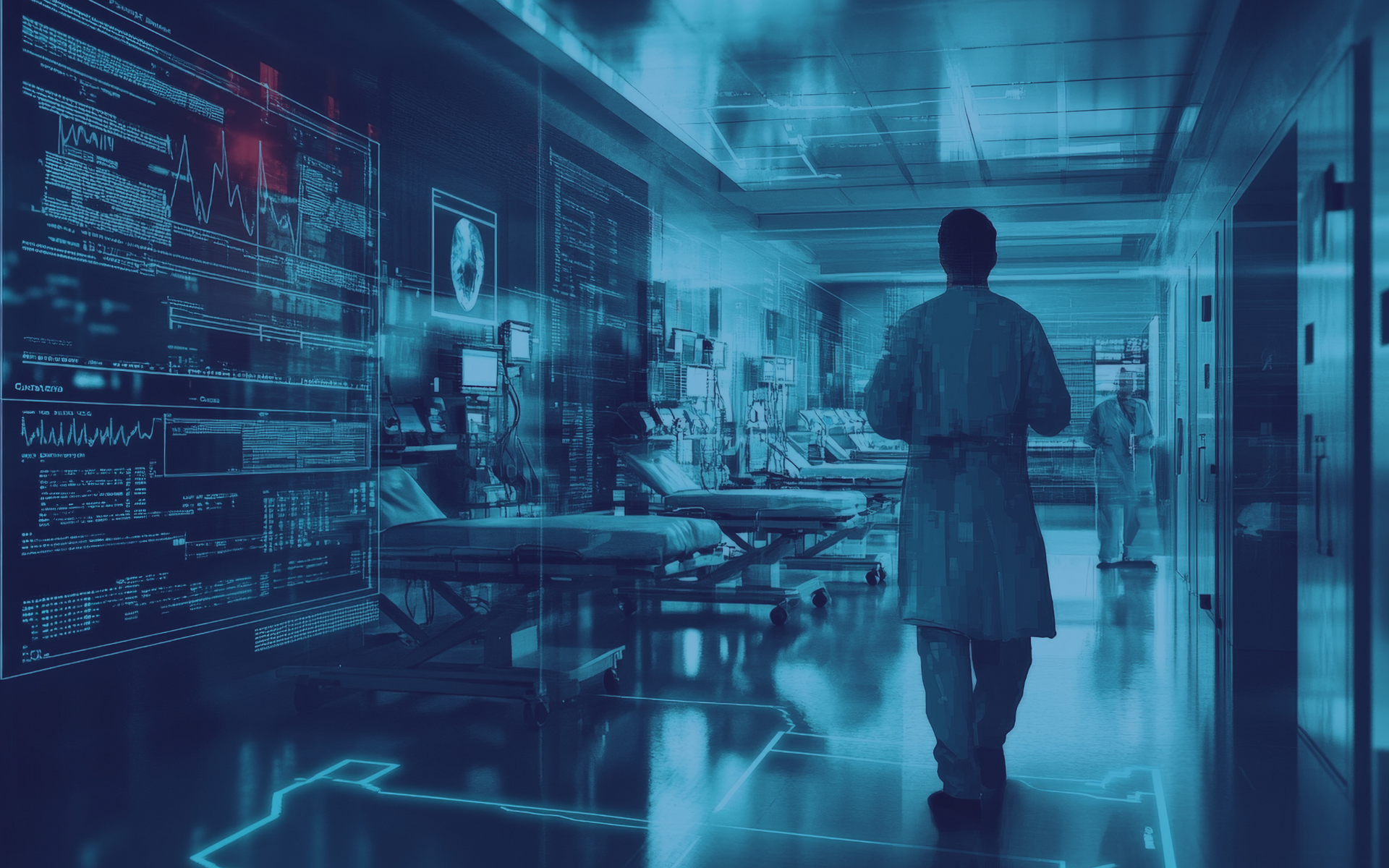 A doctor walks down a futuristic hospital hallway with patients in beds, overlaid with digital data.