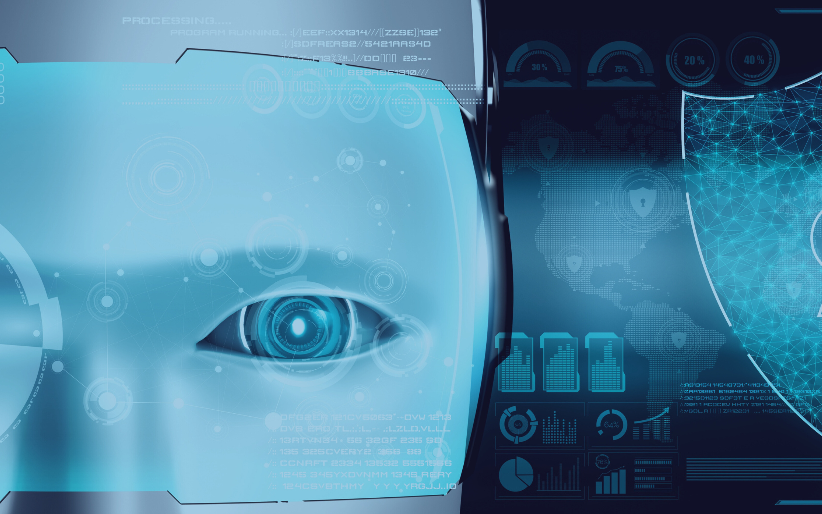 A close up of a robot 's face with a computer screen in the background.