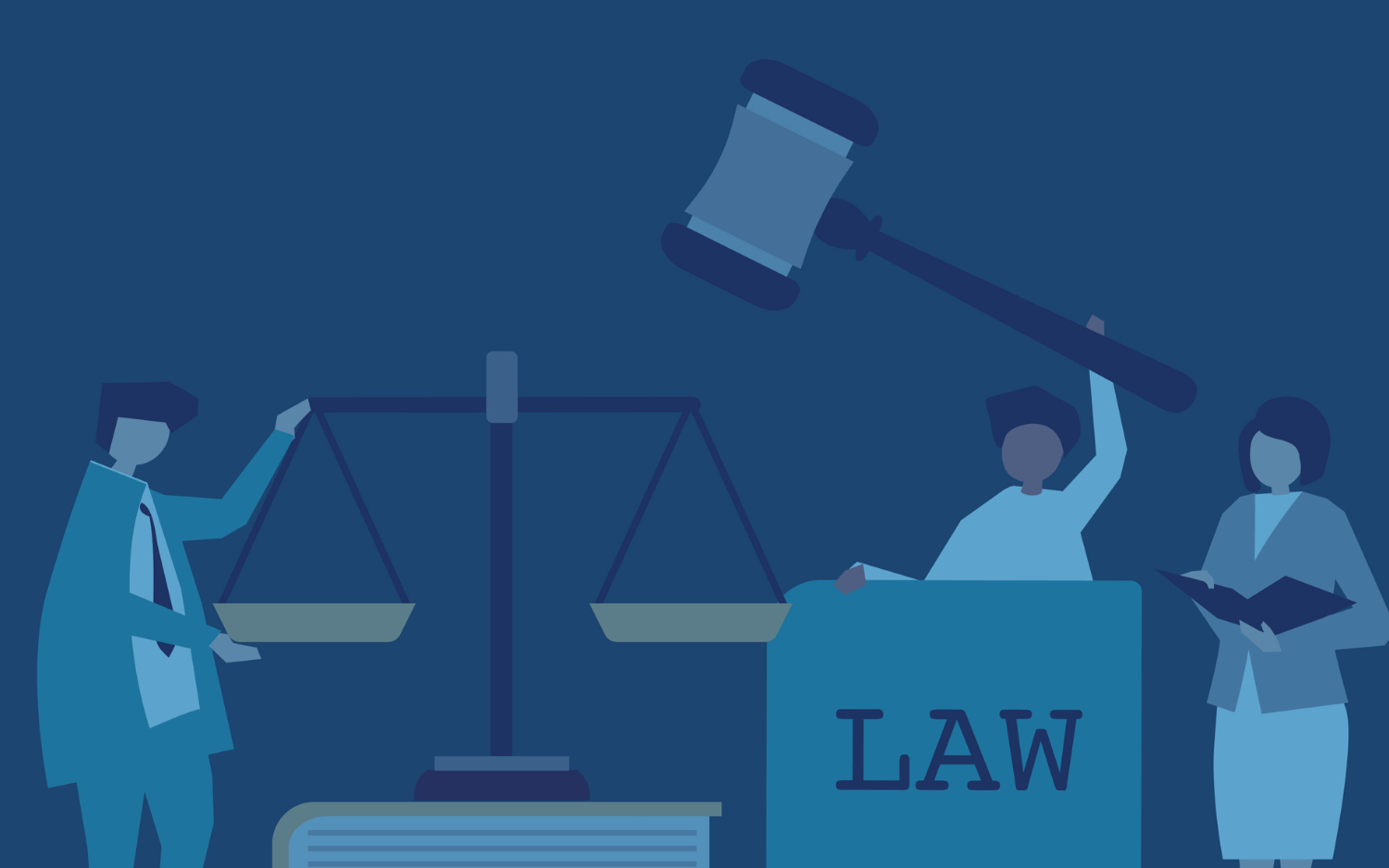 A group of people are standing around a law book and a judge 's gavel.