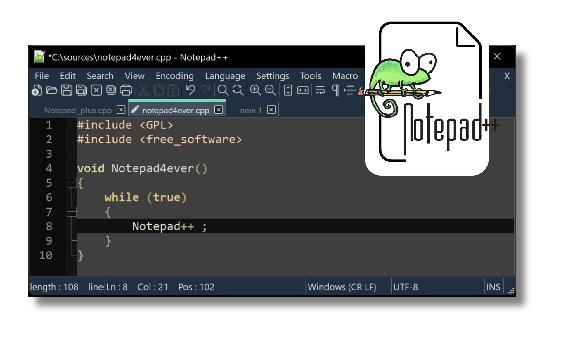 Notepad++ code editor window with C++ code and Notepad++ logo with a gecko.