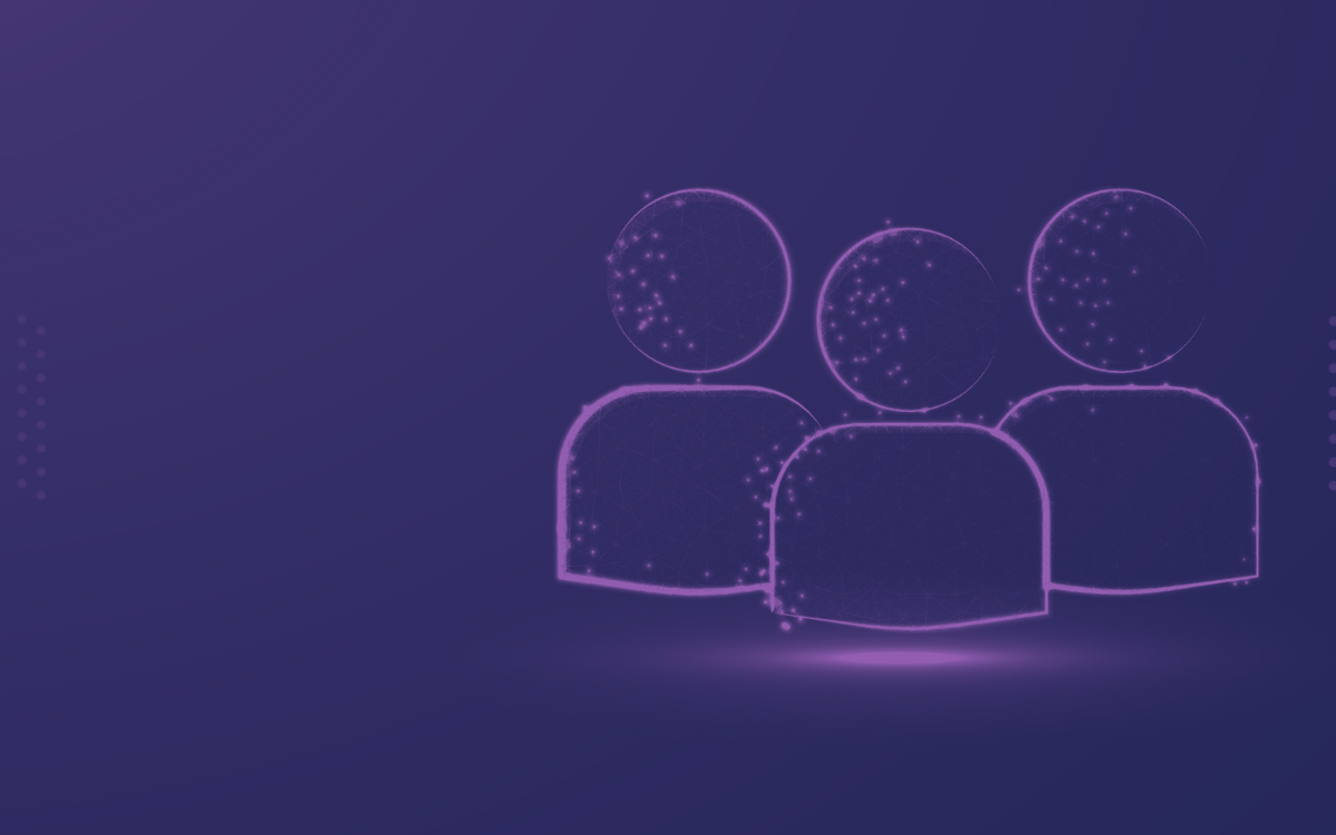 A group of people standing next to each other on a purple background.