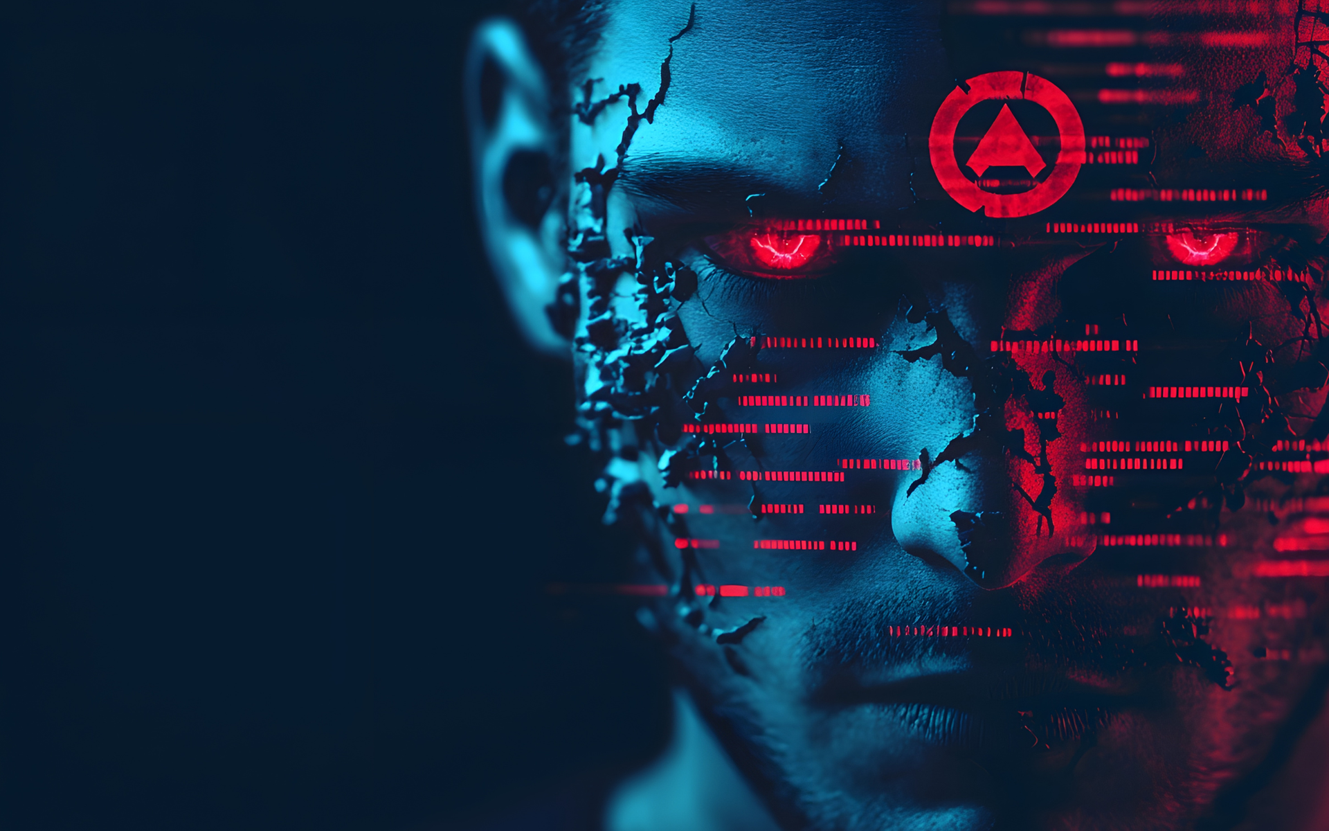 A human face with cracks and glowing red eyes, overlaid with digital code and a red triangle symbol.