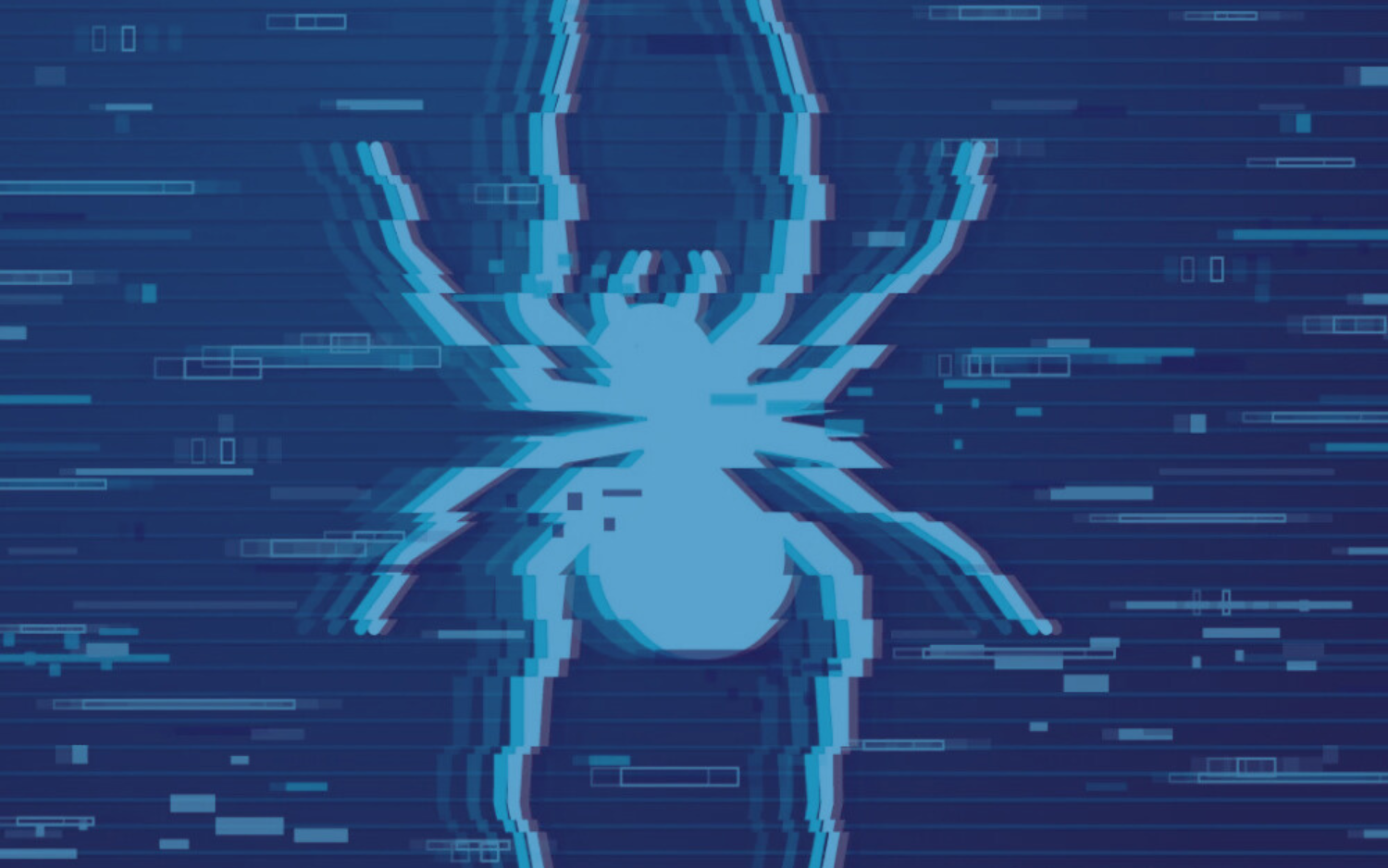 A spider is silhouetted against a blue background with a glitch effect.