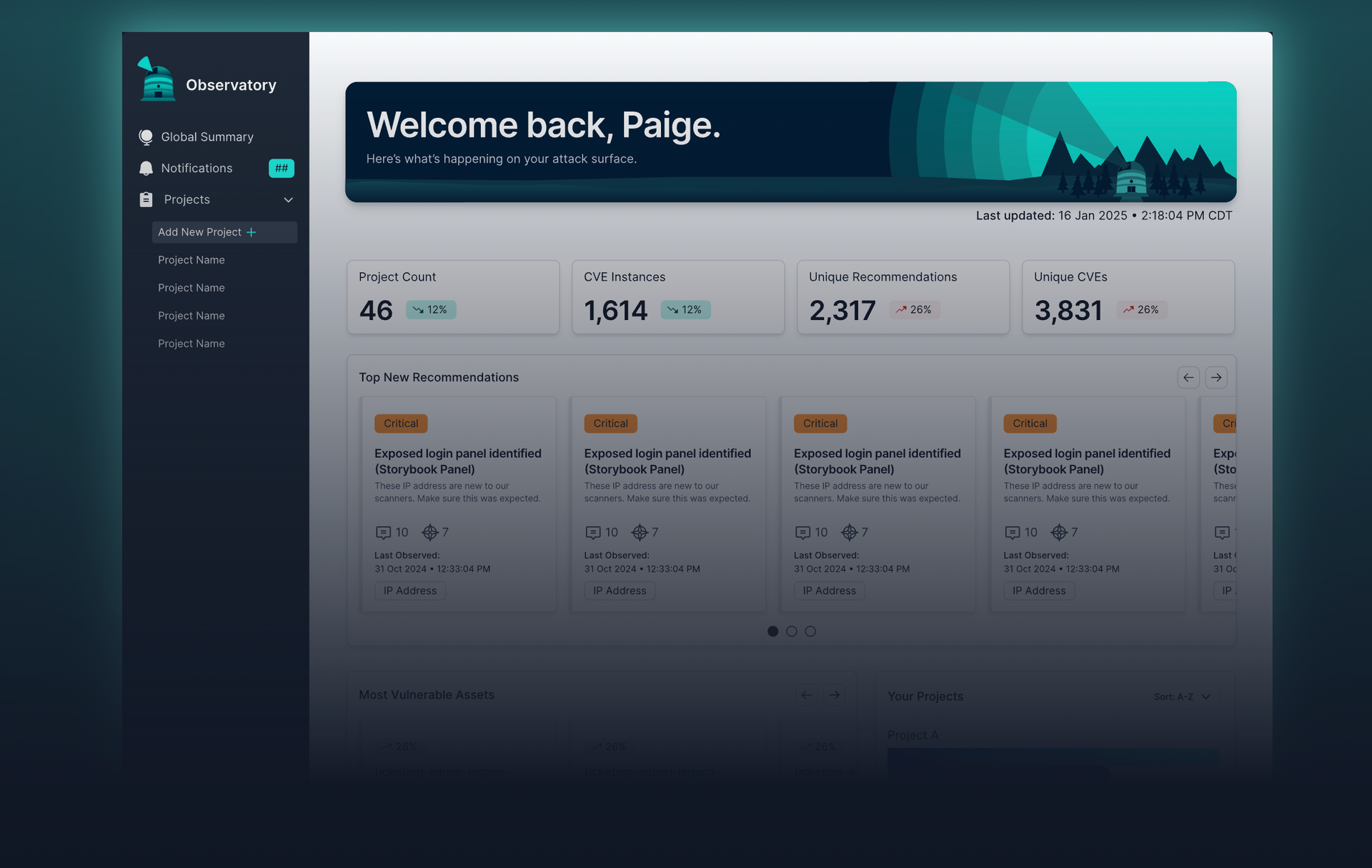 Table displaying vulnerability scan results with columns for CVE, Summary, CVSS score, Discovered instances, and Last remediation.