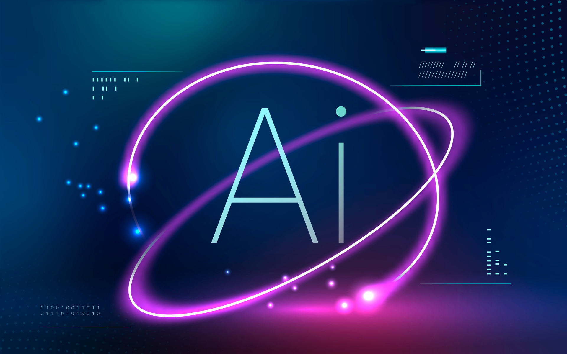 Neon AI letters with a glowing purple orbit on a dark tech-style background