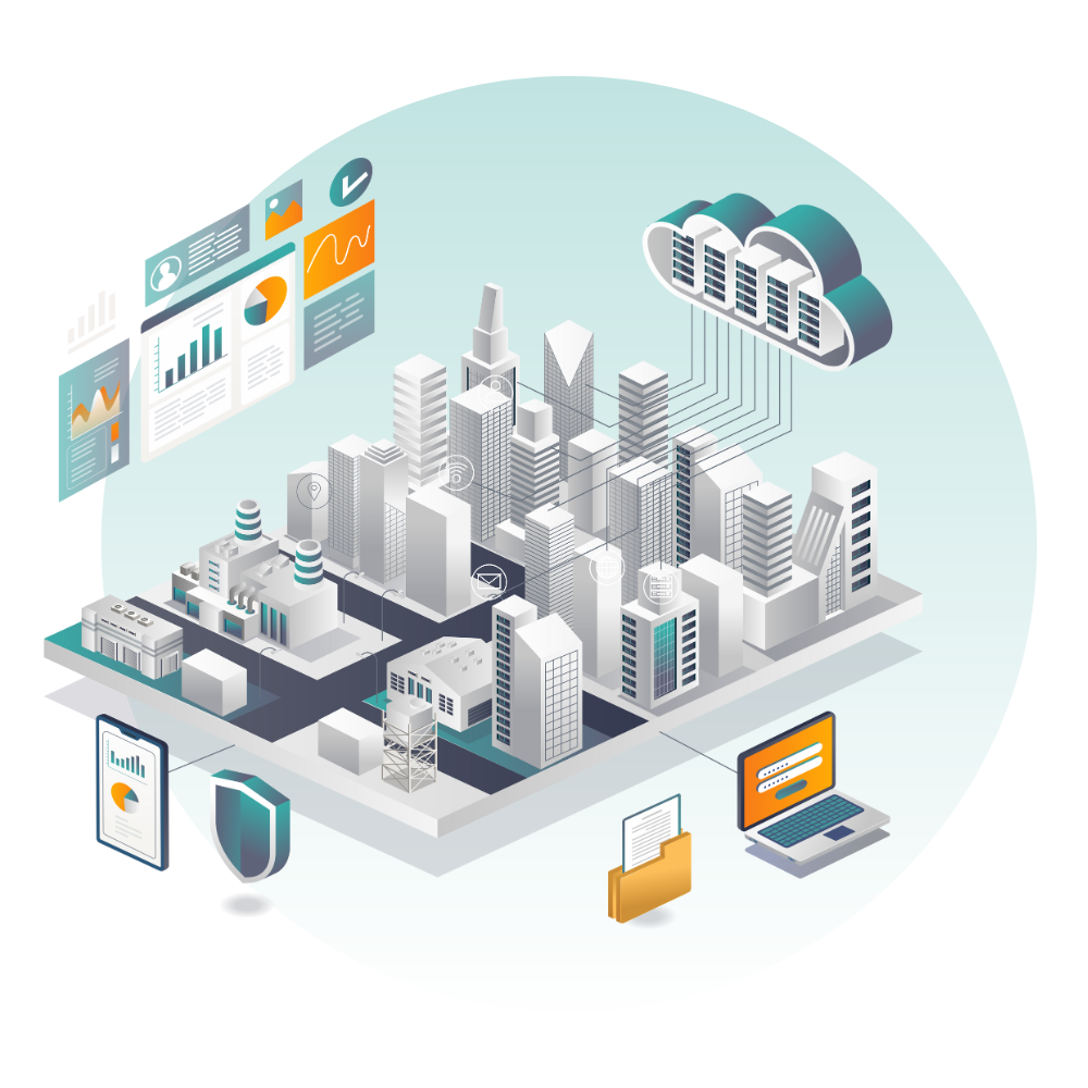 Isometric view of a smart city connected to the cloud, showing data analysis, devices, and security features.