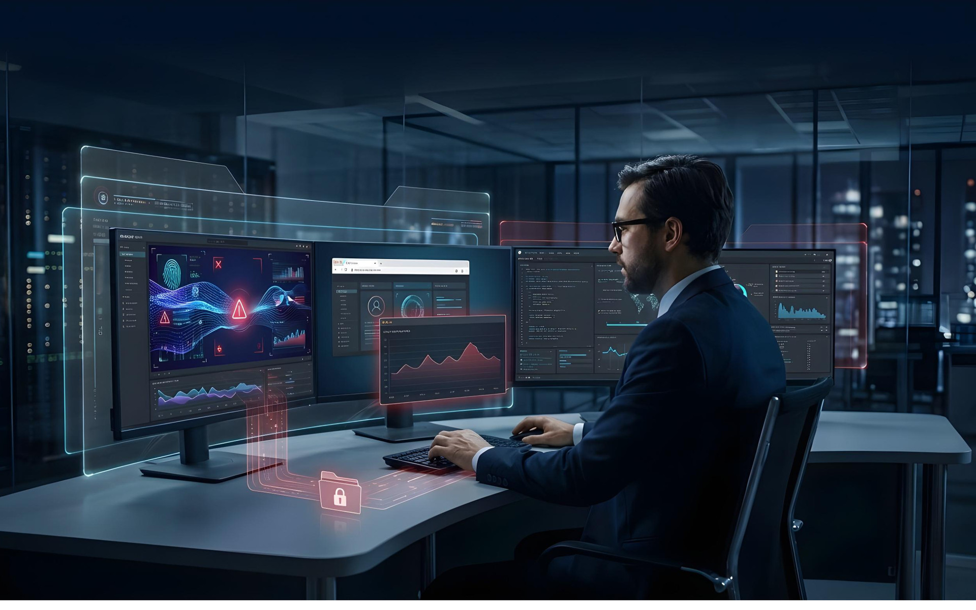 A person in a suit works at a desk with multiple monitors displaying complex data, charts, and a glowing digital lock.