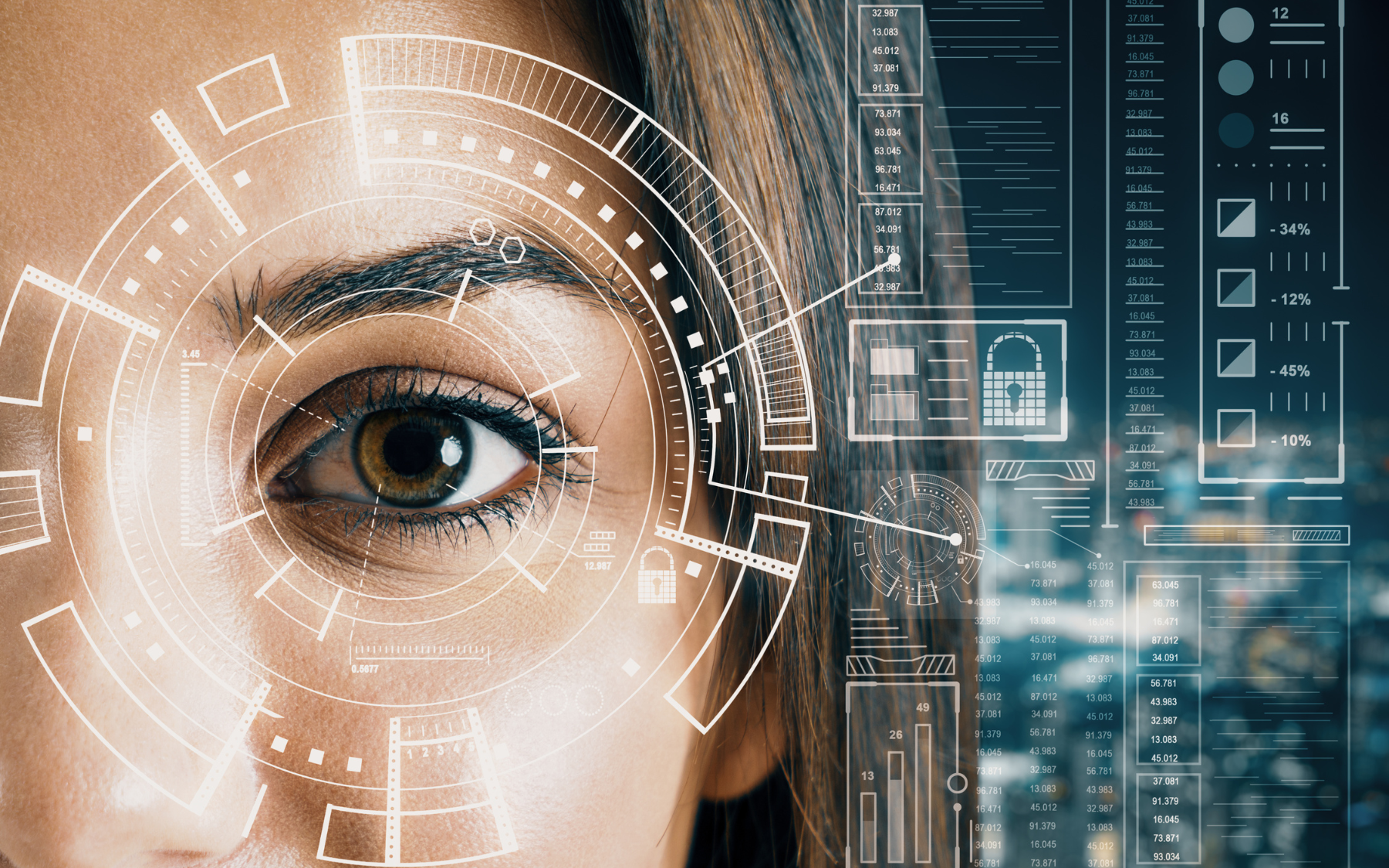 Close-up of eye with digital overlay; technology concept with city backdrop.