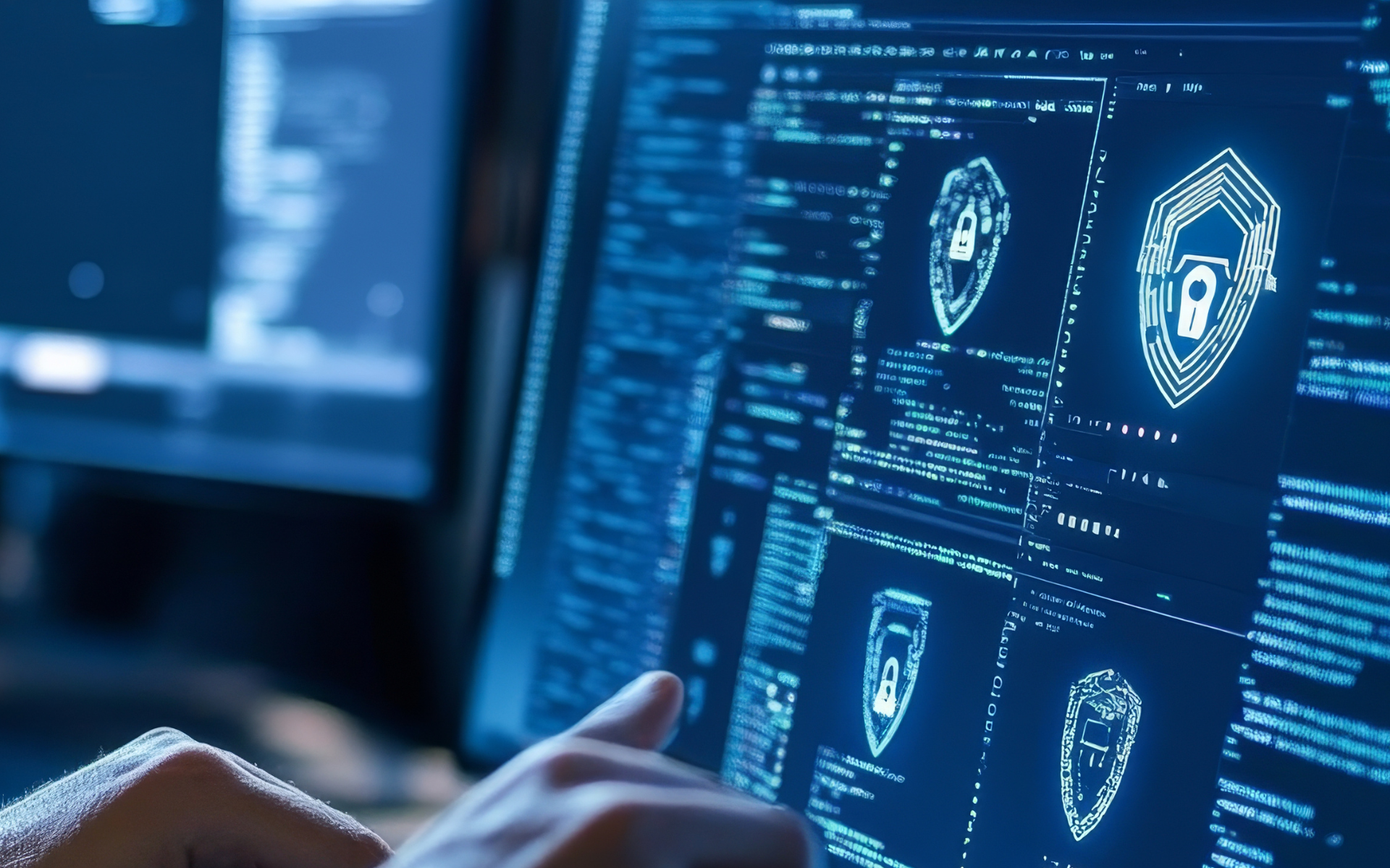 Person using computer with multiple screens displaying security shields and code in blue hues.