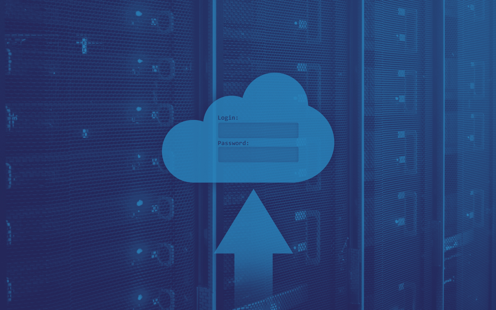 A blue background with a cloud and an arrow pointing up.