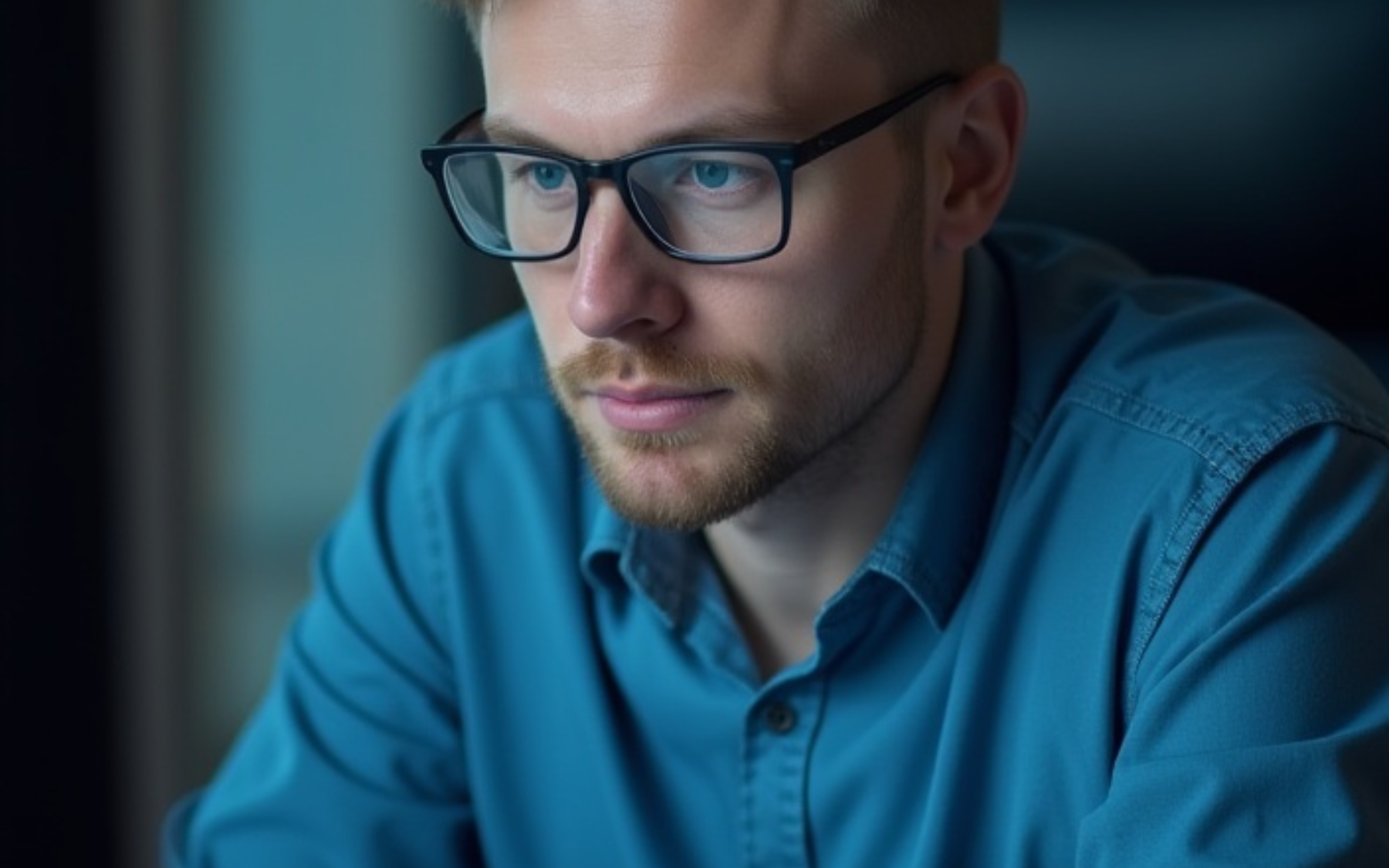 A man wearing glasses is sitting in front of a computer screen.