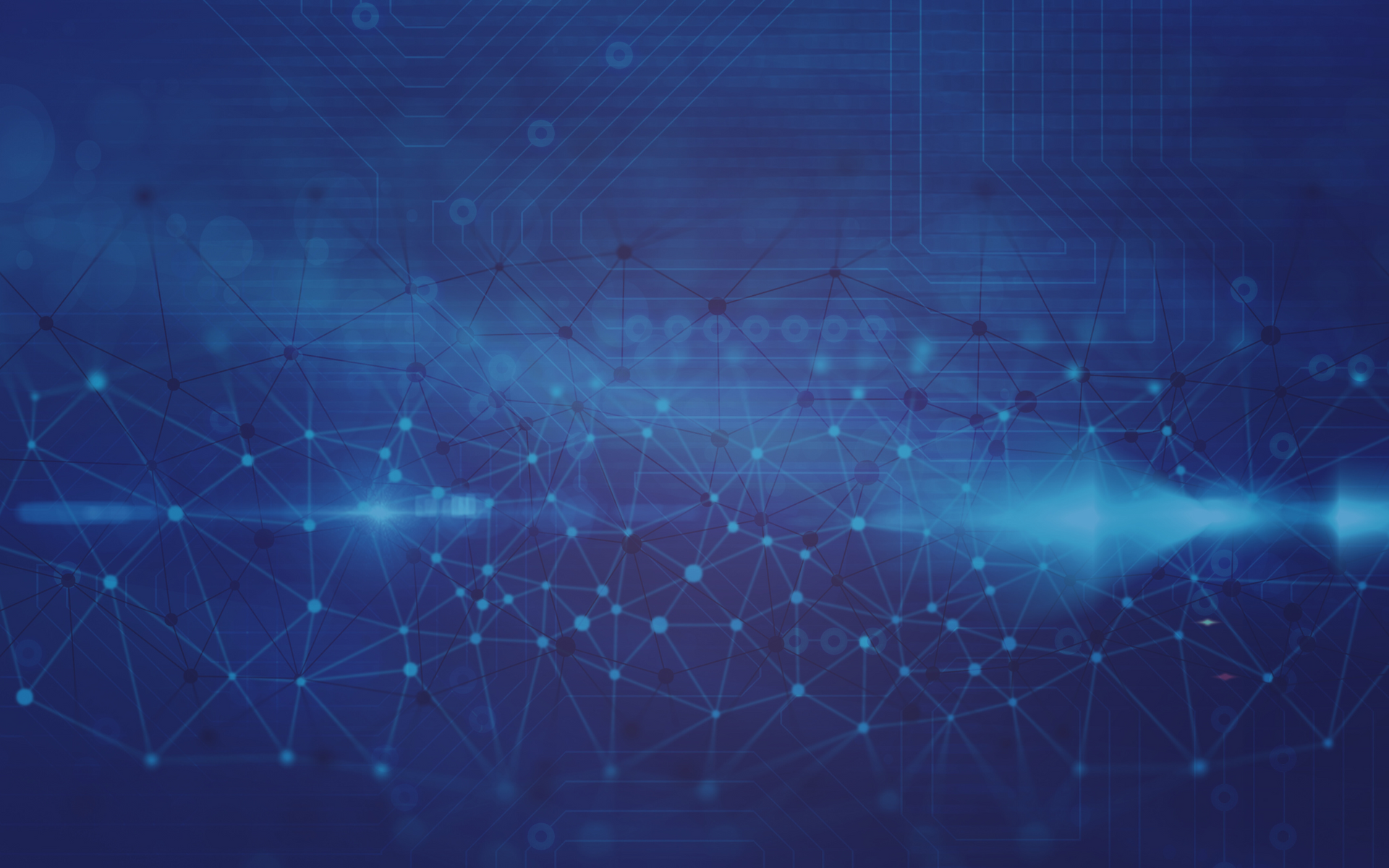 Blue abstract digital design featuring interconnected dots and lines, with circuit board elements.