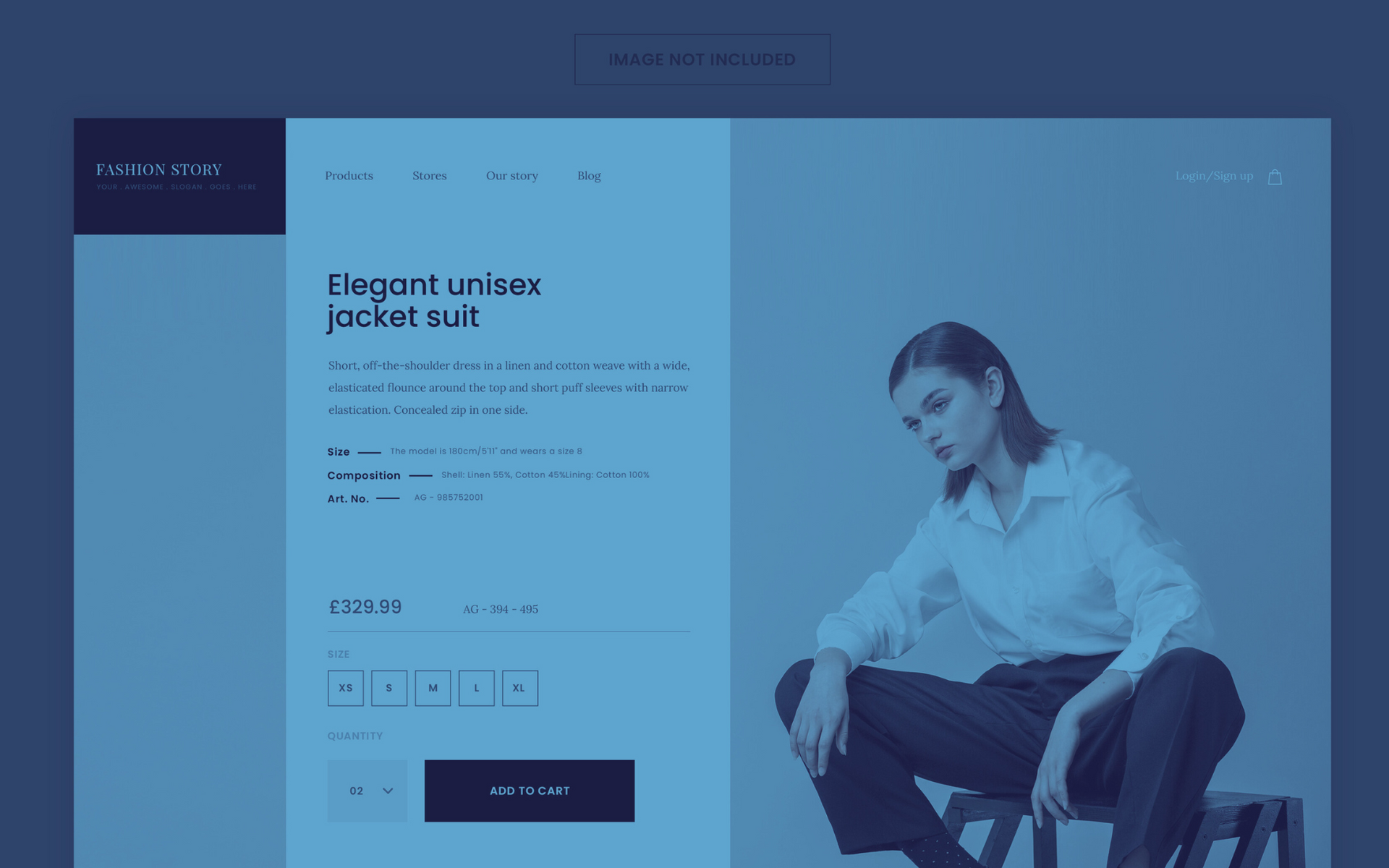 Website product page featuring a woman wearing a white shirt and dark pants; text on the left.
