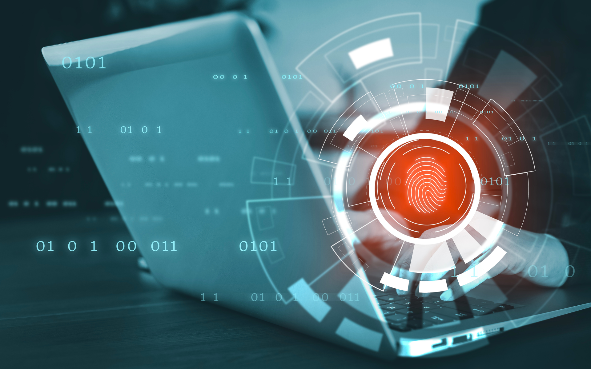 Laptop with a fingerprint scan graphic overlaid, symbolizing secure access.