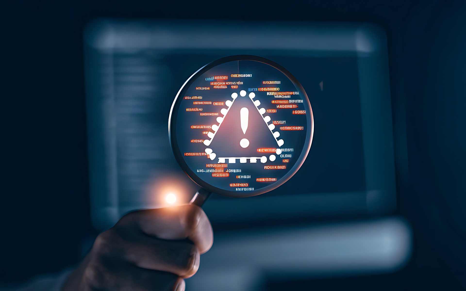 Hand holding magnifying glass over digital warning sign on screen.