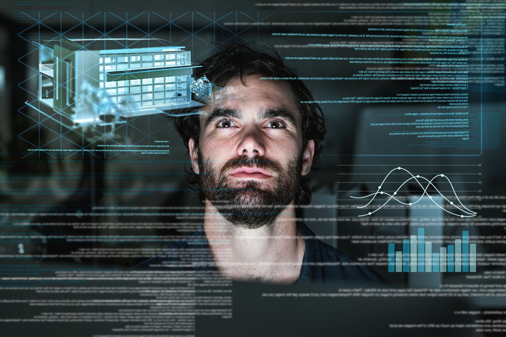 Man looking at a digital interface with holographic building model, graphs, and code overlays, indoors.