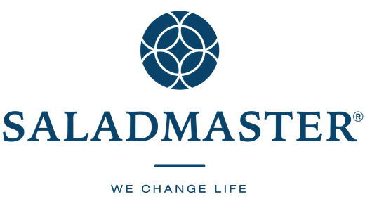 Logo for Saladmaster, featuring a blue emblem above the word